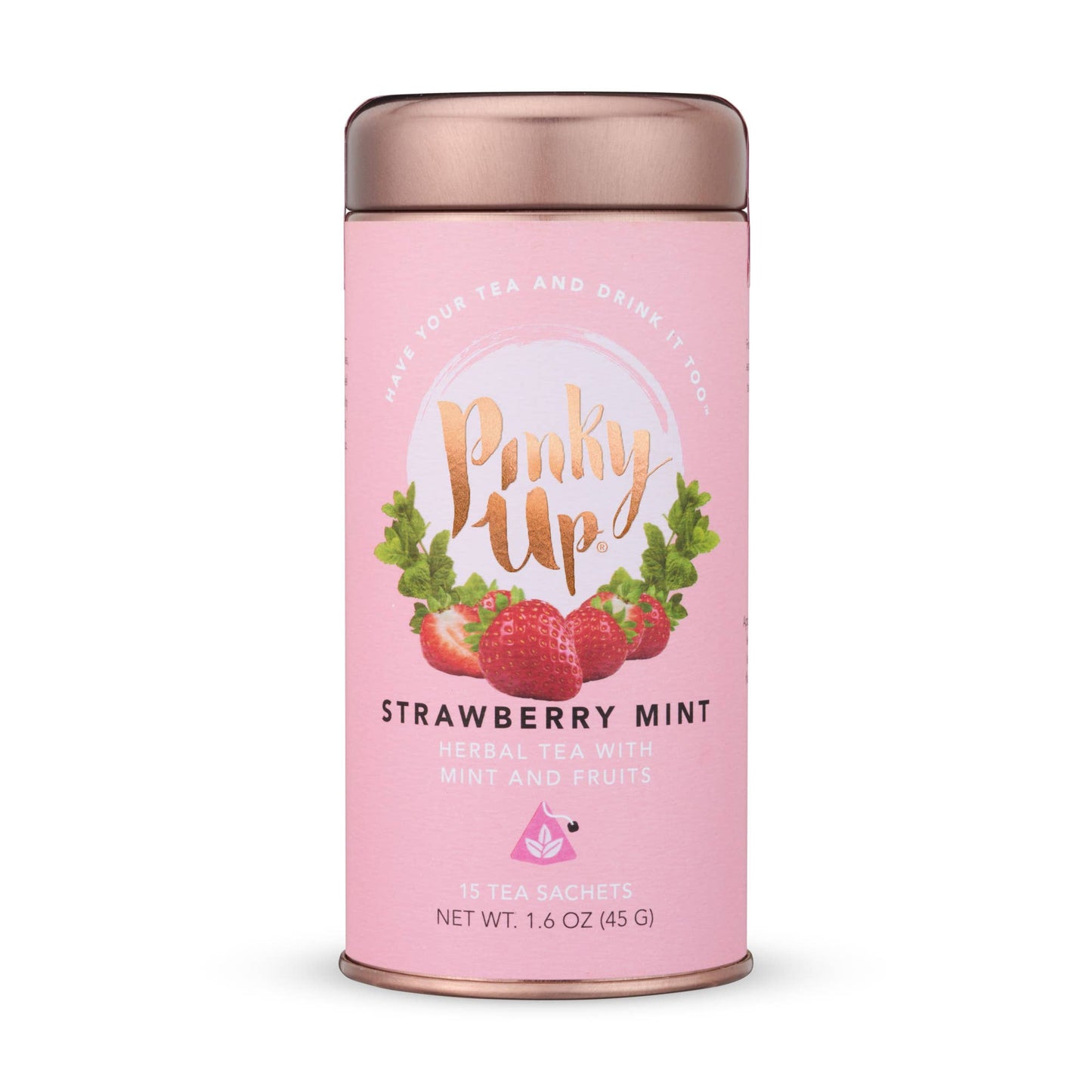 Pink tea canister with 'Pinky Up' branding and strawberry mint flavor on a white background
