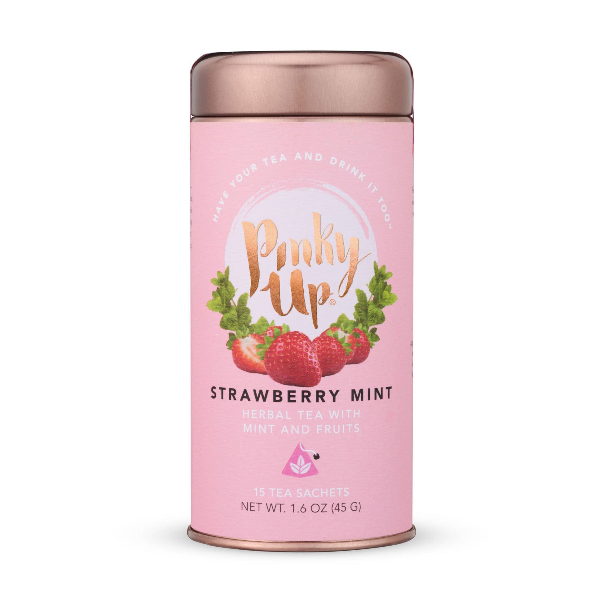 Pink tea canister with 'Pinky Up' branding and strawberry mint flavor on a white background