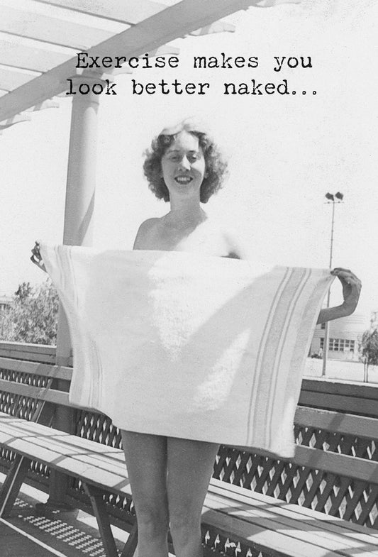 Black and white photo of a woman holding a towel outdoors with text overlay.