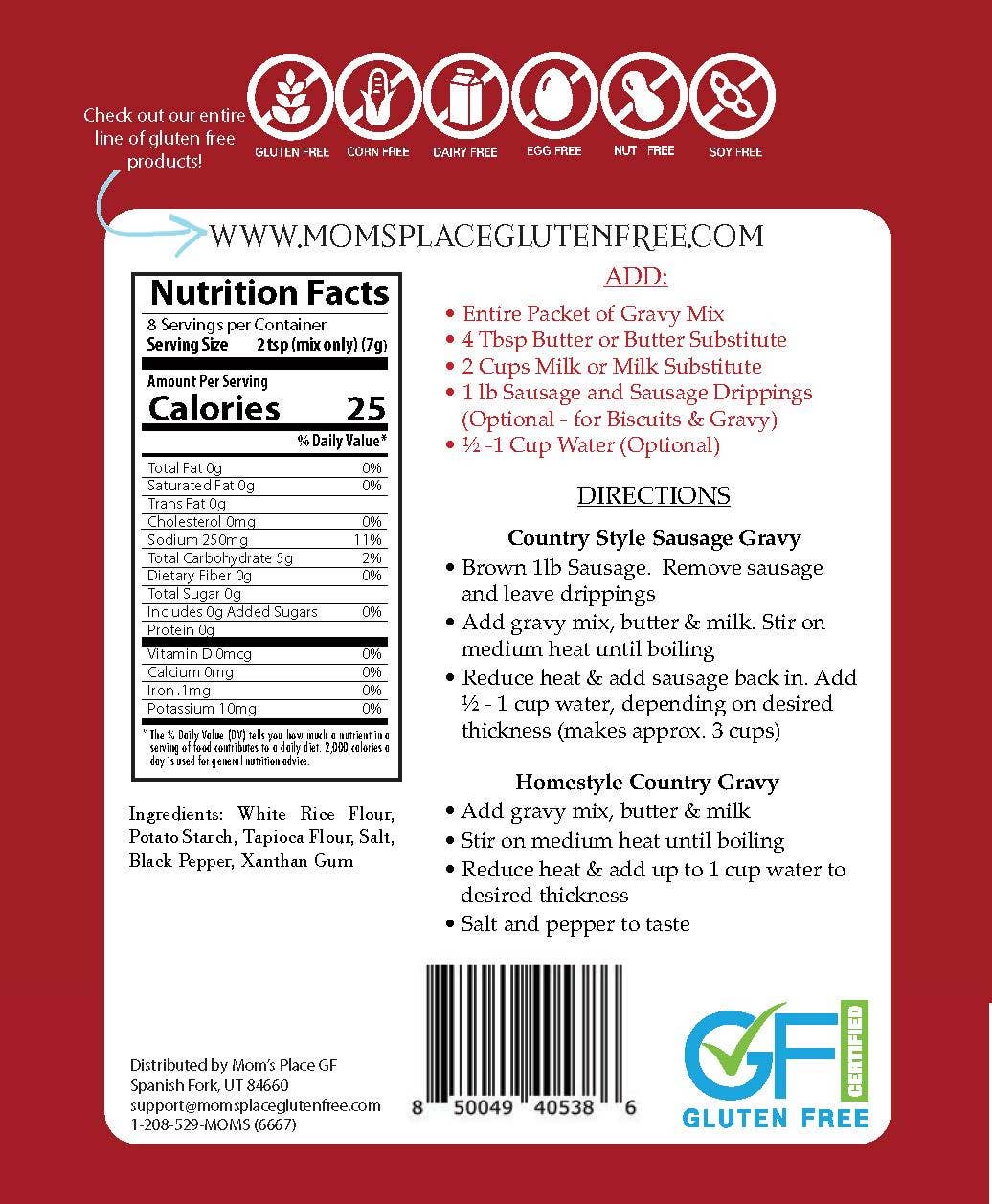 Nutrition label and directions for a gluten-free gravy mix on a red background
