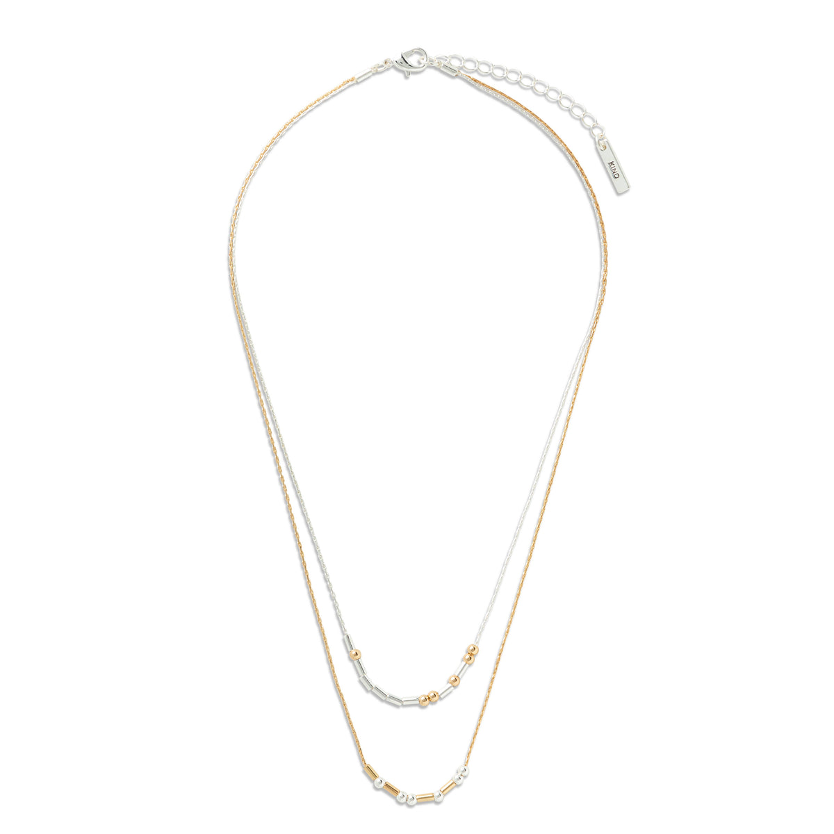 A double-strand necklace featuring one fine gold chain and one fine silver chain, both adorned with small polished bead accents near the bottom, displayed on a clean white background, beads spell out you're kind in morse code