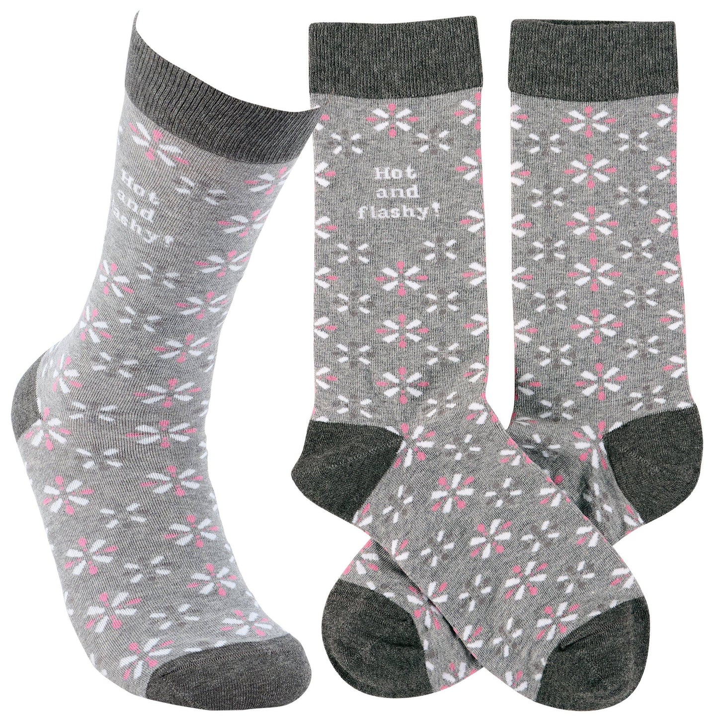Three pairs of gray socks with floral pattern and text on a white background