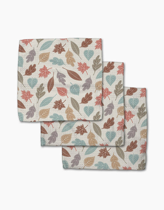 Set of three fall themed dishcloths with leaf pattern on a white background Geometry Brand
