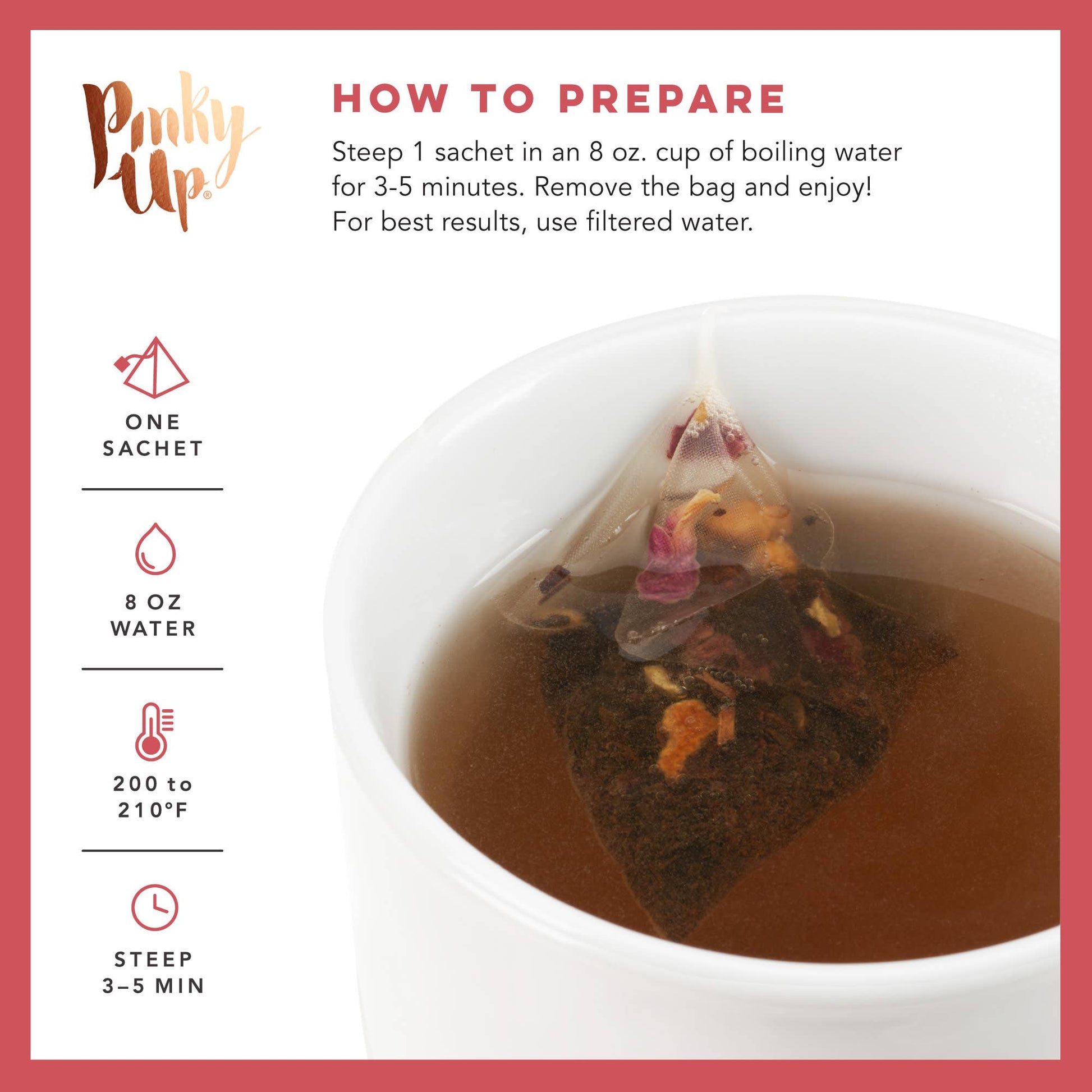 Tea bag steeping in a cup with preparation instructions on a white background