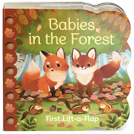 Book titled 'Babies in the Forest' with fox illustrations on a green background