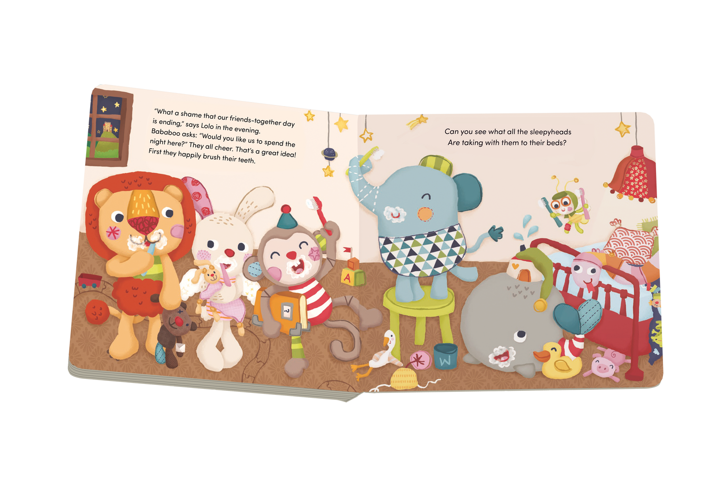 Children's book with illustrations of animals and toys on a white background