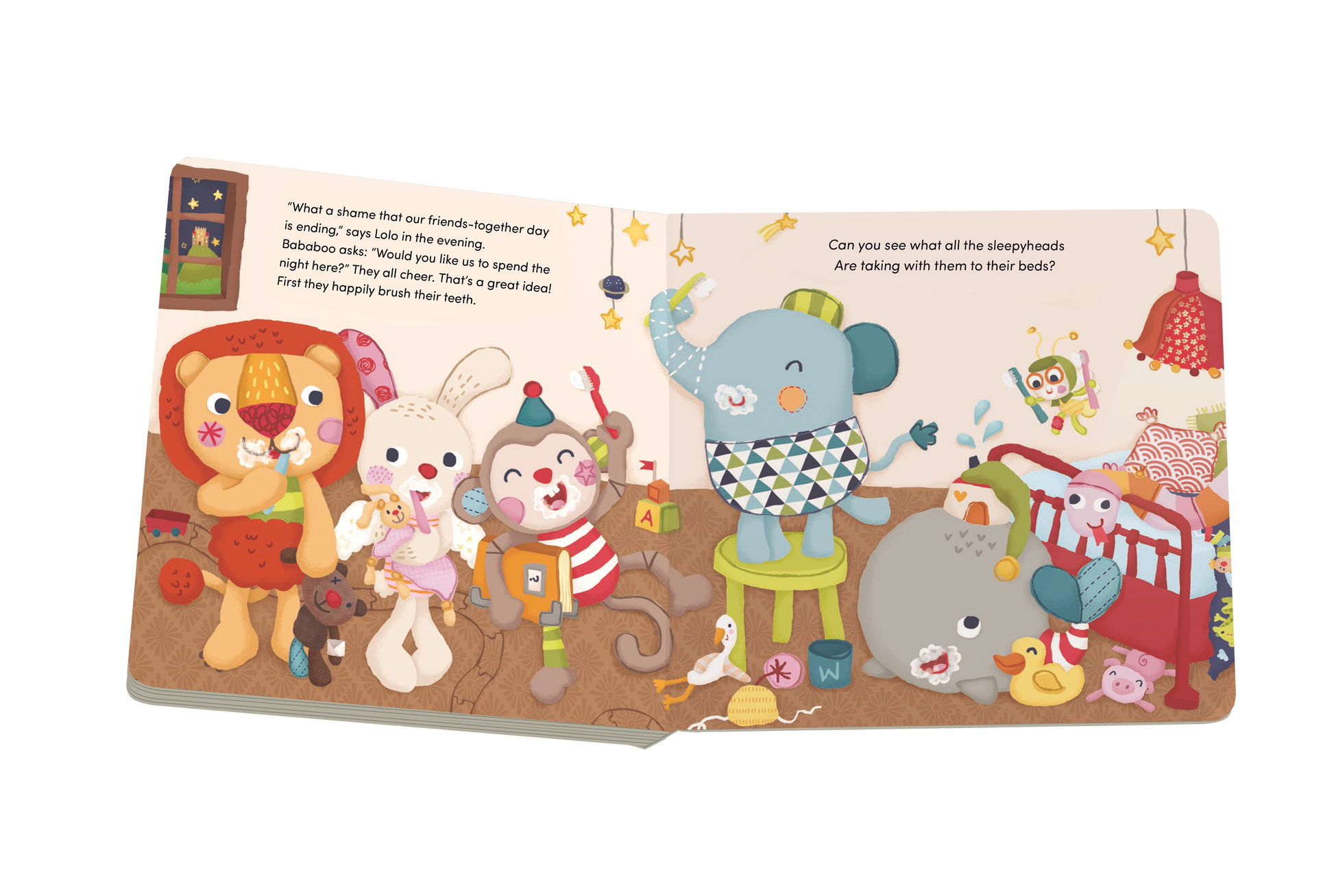 Children's book with illustrations of animals and toys on a white background