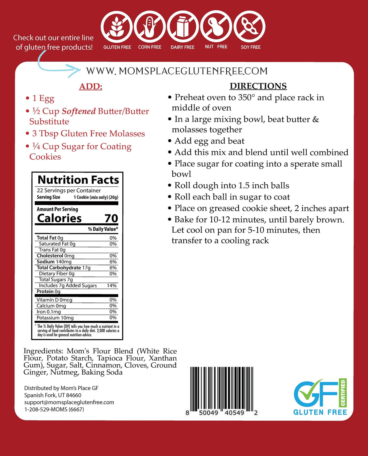 Back of a cookie package with nutrition facts, ingredients, and gluten-free certification label.