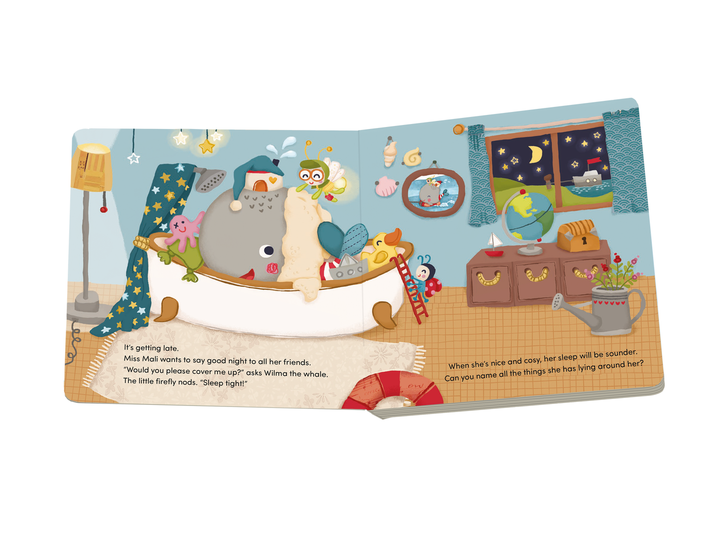 Children's book with illustrations of a whale and other sea creatures in a bedroom setting.