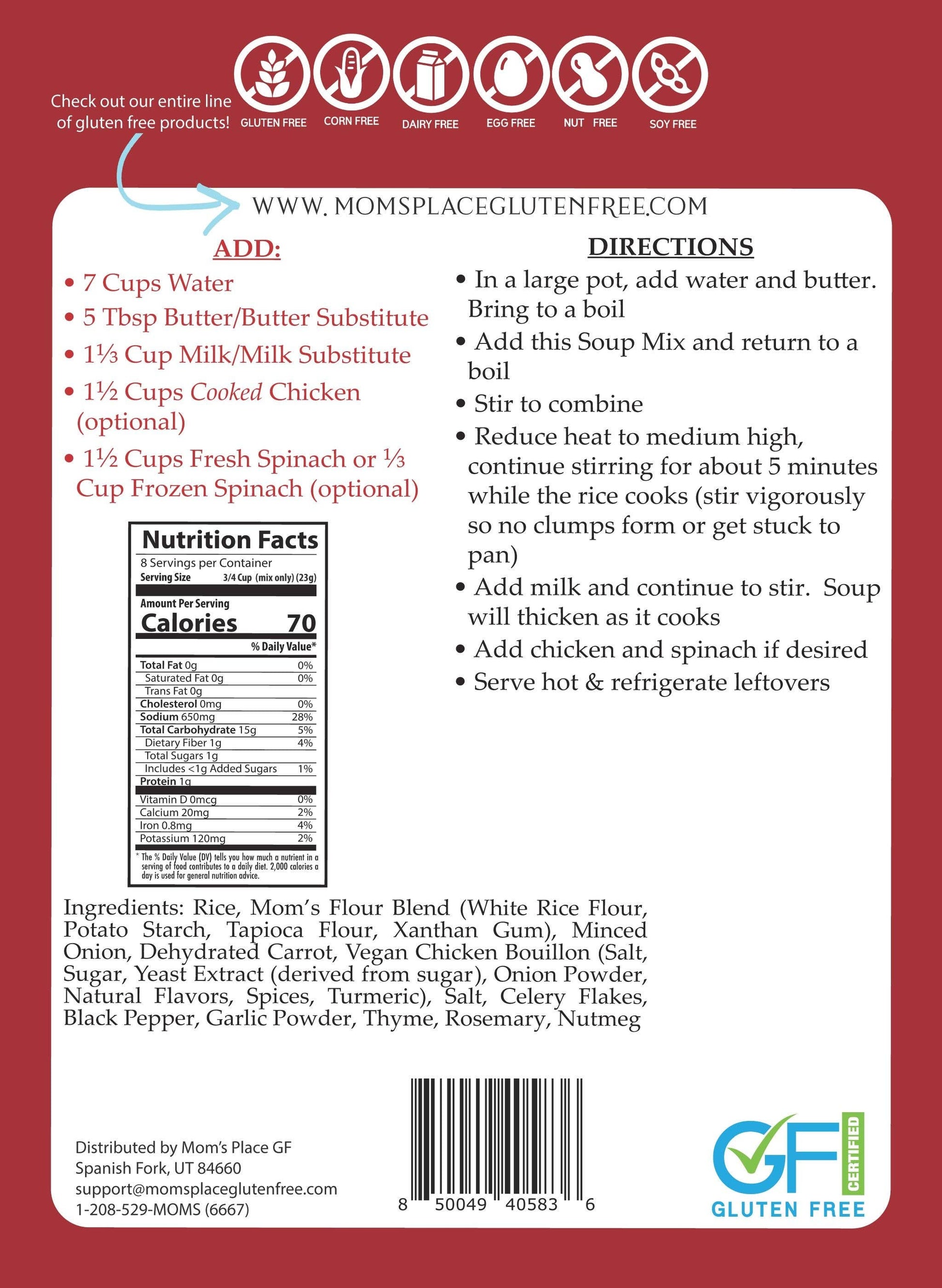 Back of a gluten-free soup package with directions, nutrition facts, and branding.