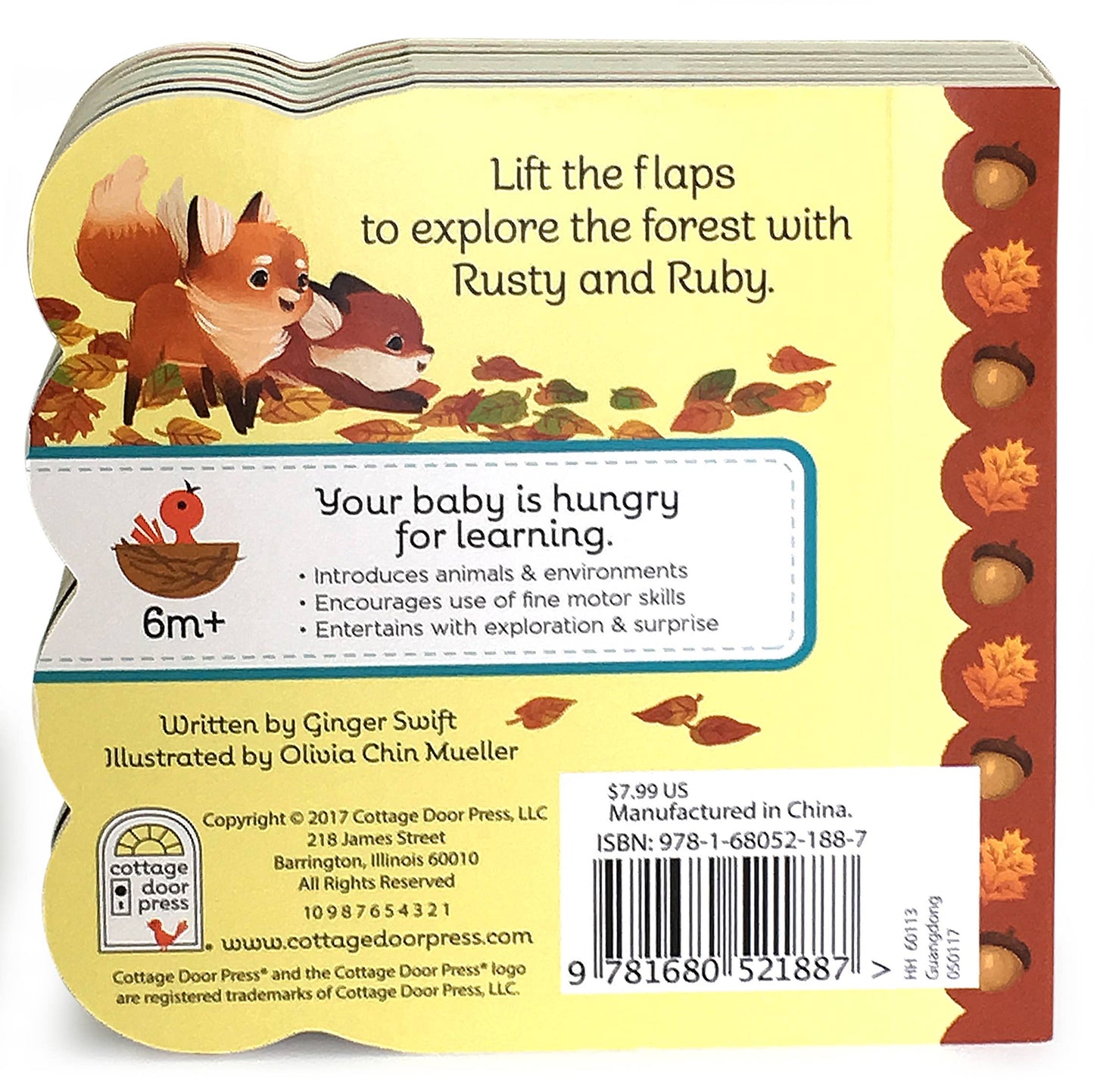 Back cover of a children's book with fox illustrations and text about the book's features.