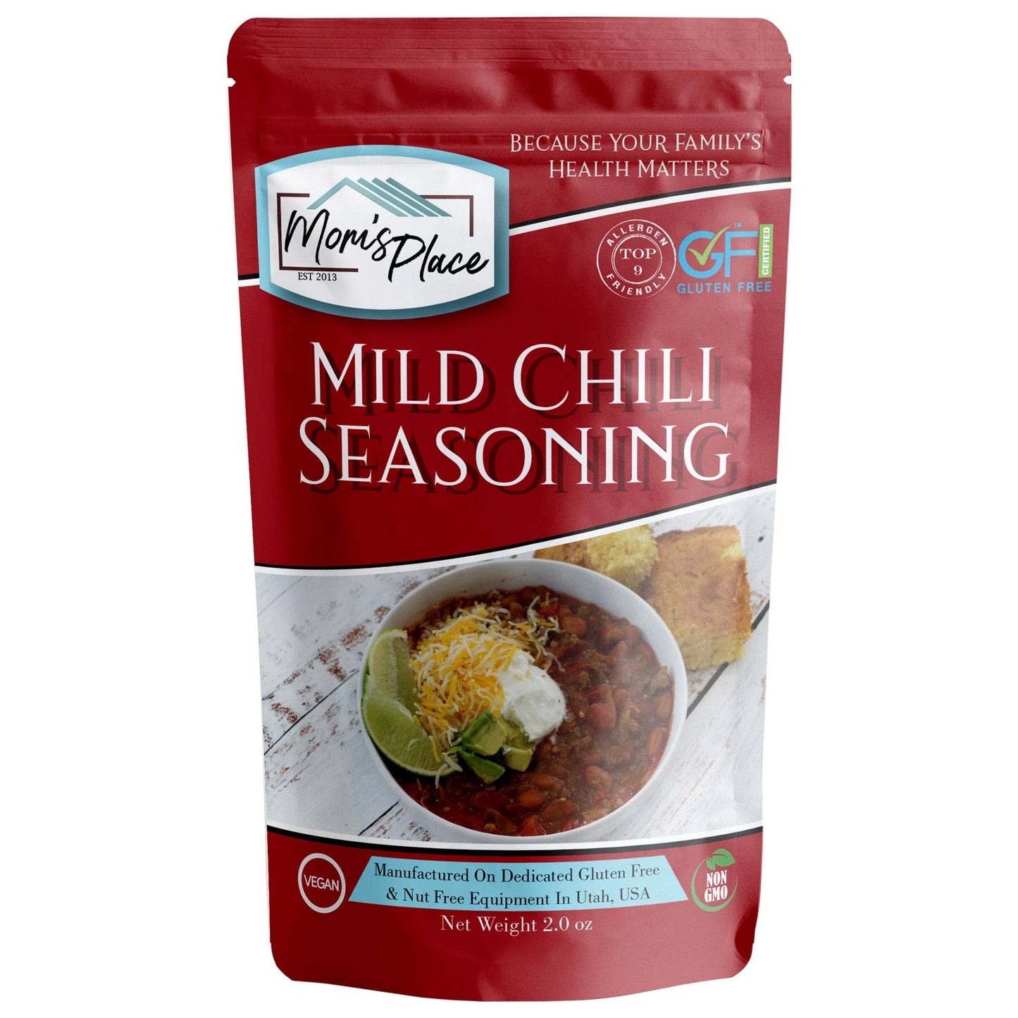Mom's Place Mild Chili Seasoning package on a white background