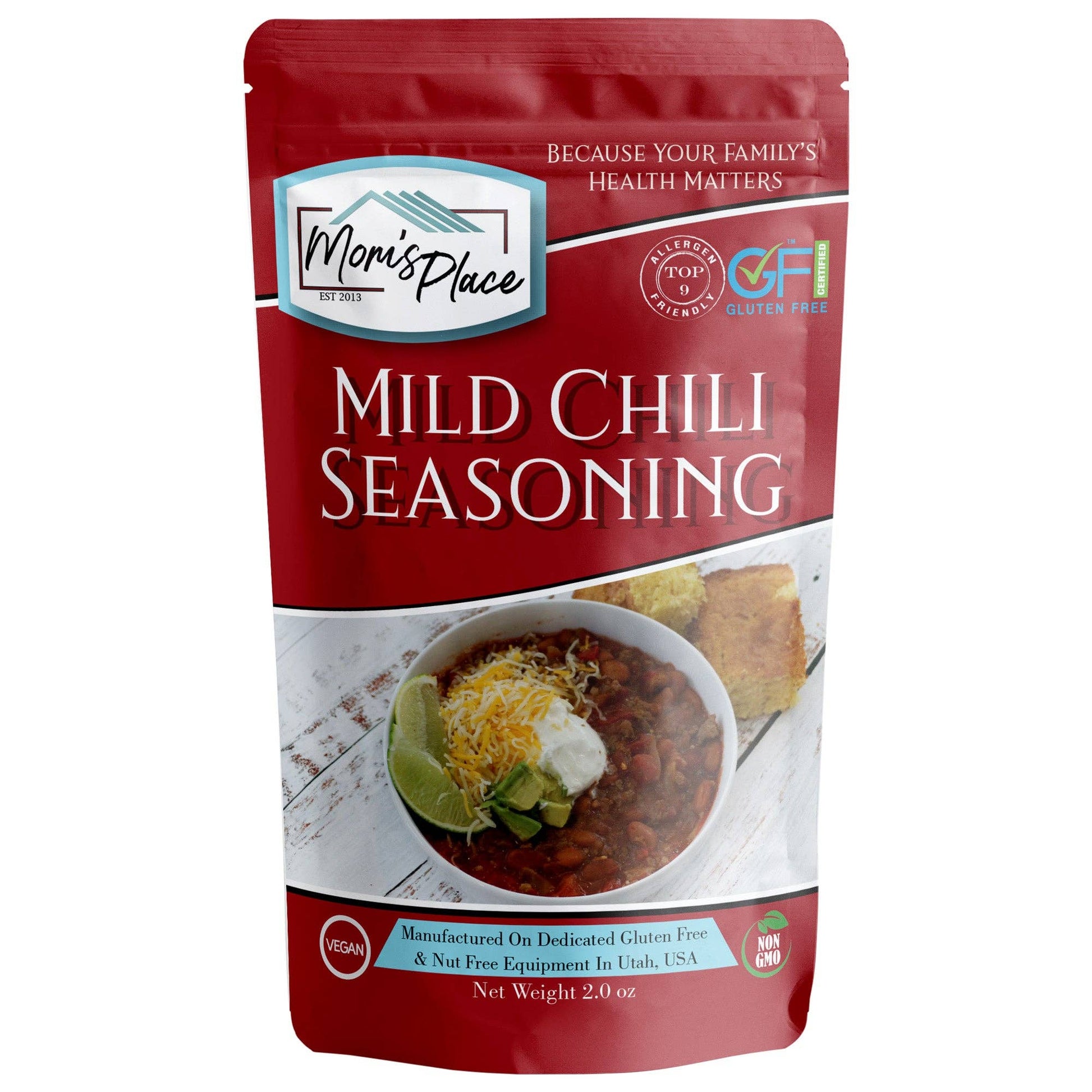 Mom's Place Mild Chili Seasoning package on a white background