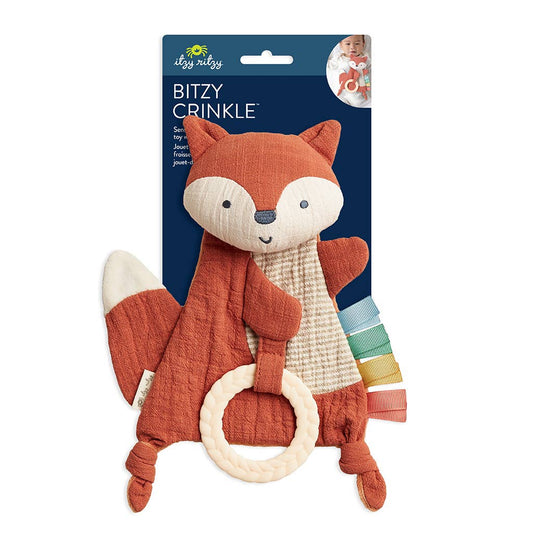 Fox-shaped crinkle toy with packaging on a white background