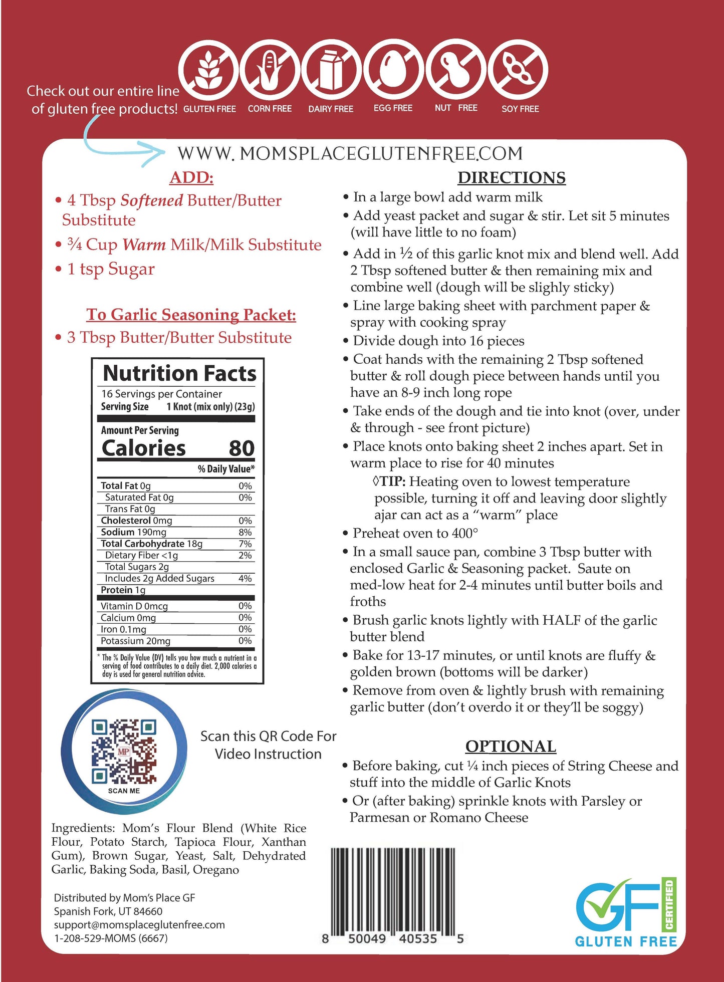 Back of a gluten-free product packaging with text, QR code, and nutrition facts.