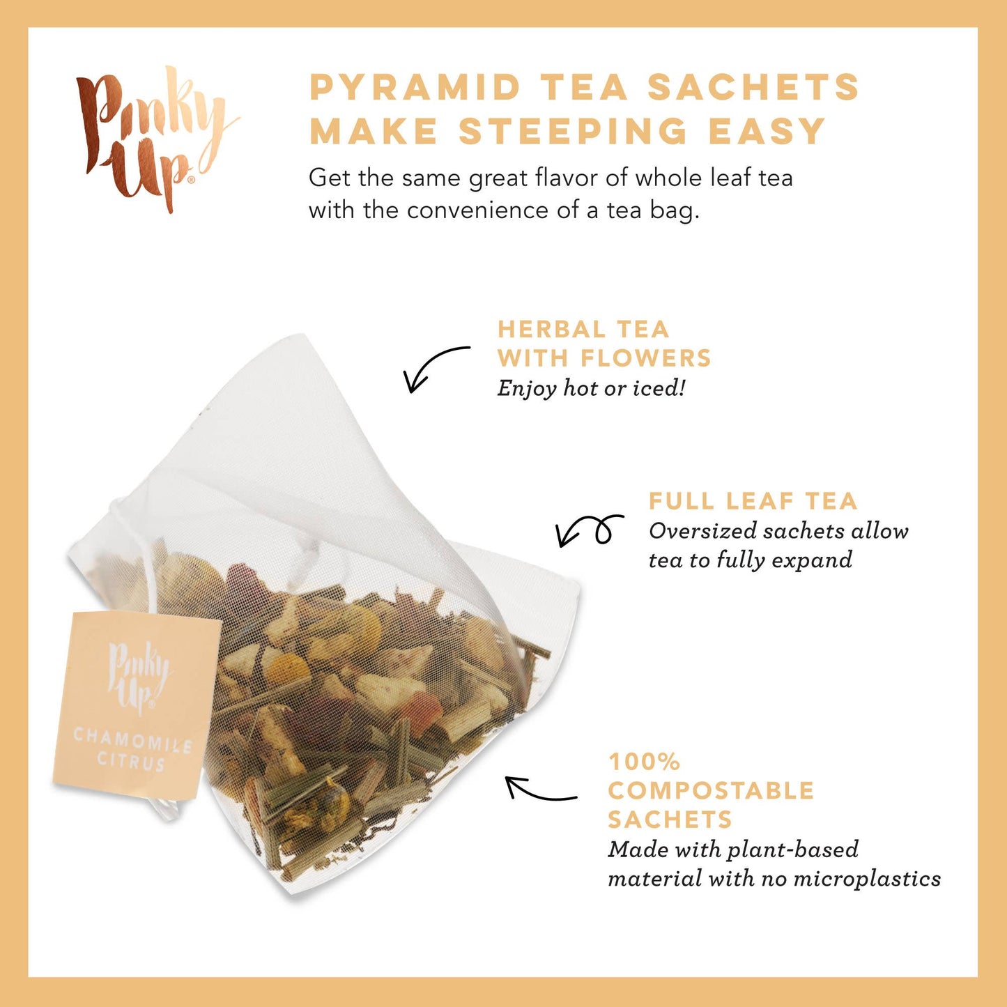 Tea sachets with text explaining their benefits on a white background