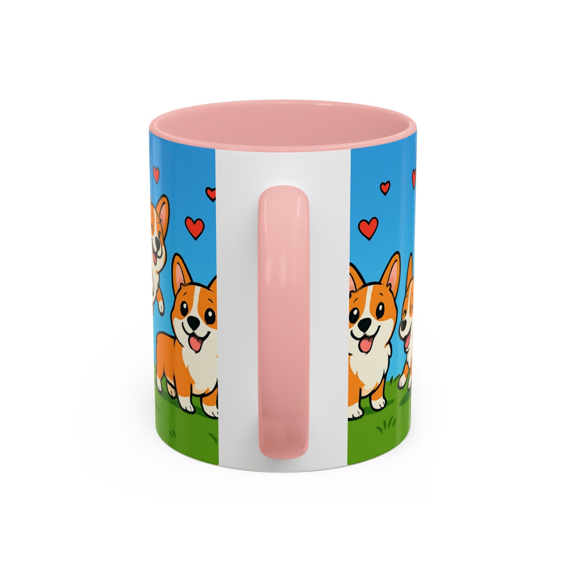 Mug with corgi design and pink handle on a white background