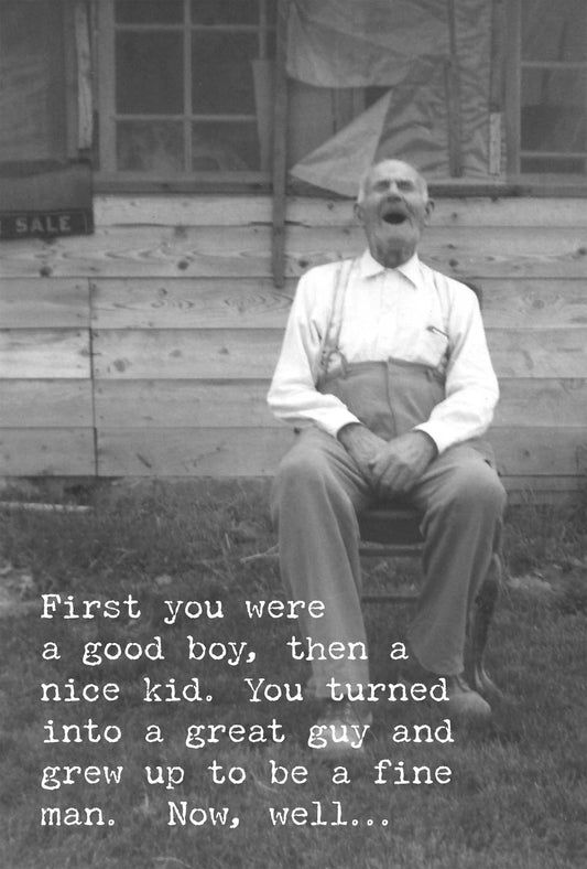 Black and white photo of a man sitting on steps with a quote below.