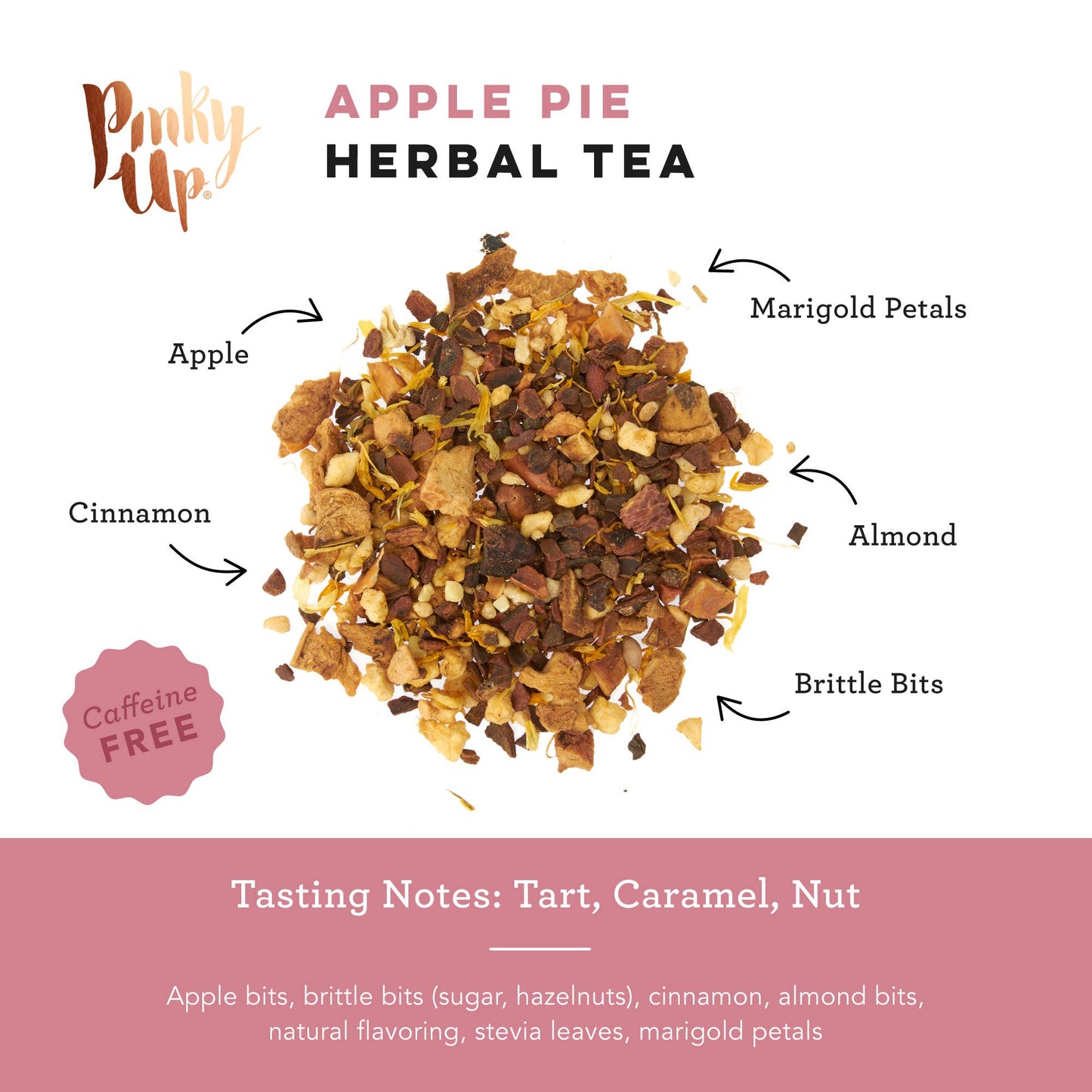 Apple pie herbal tea with labeled ingredients on a white background
