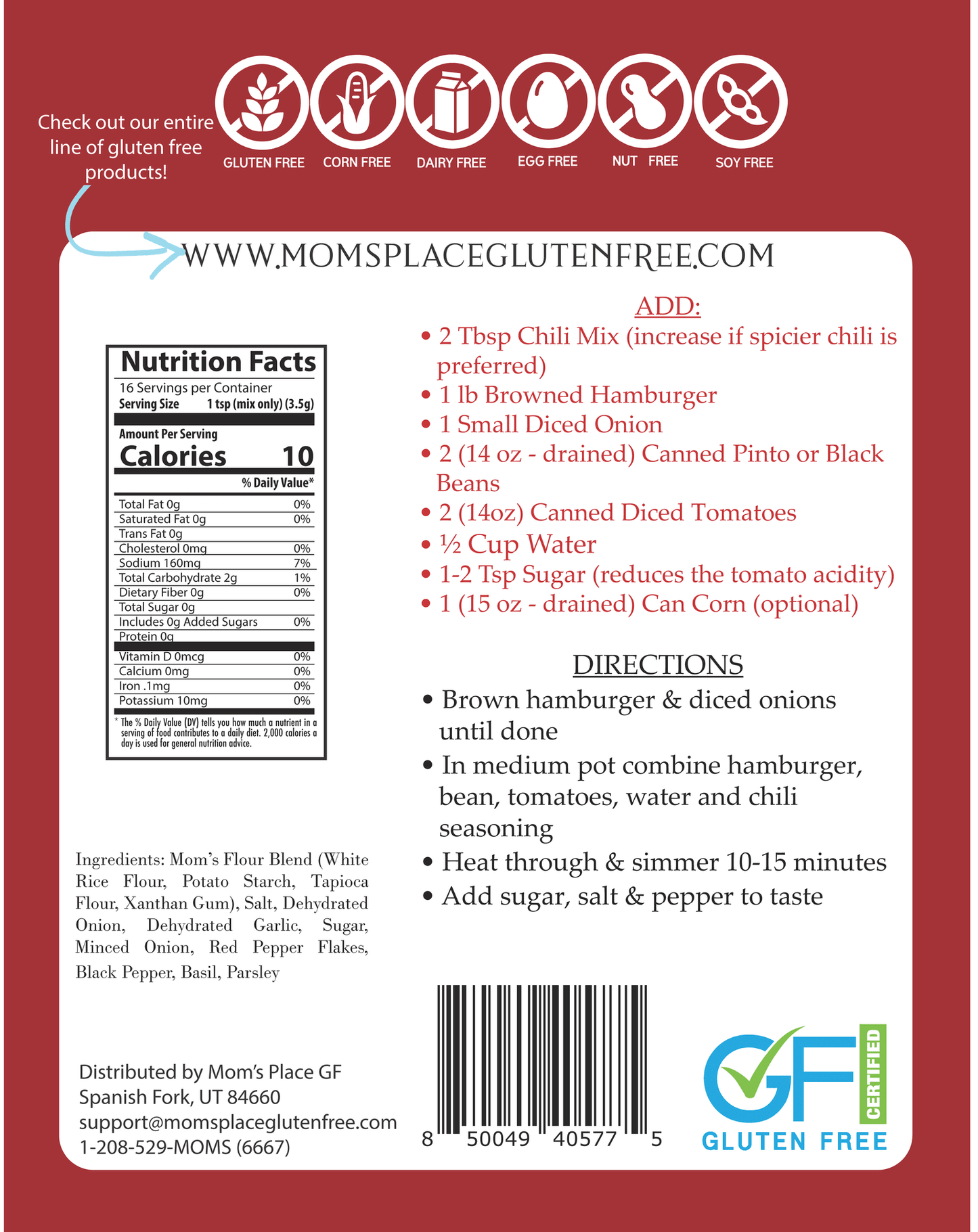 Back of a gluten-free chili mix package with nutrition facts, ingredients, and directions.