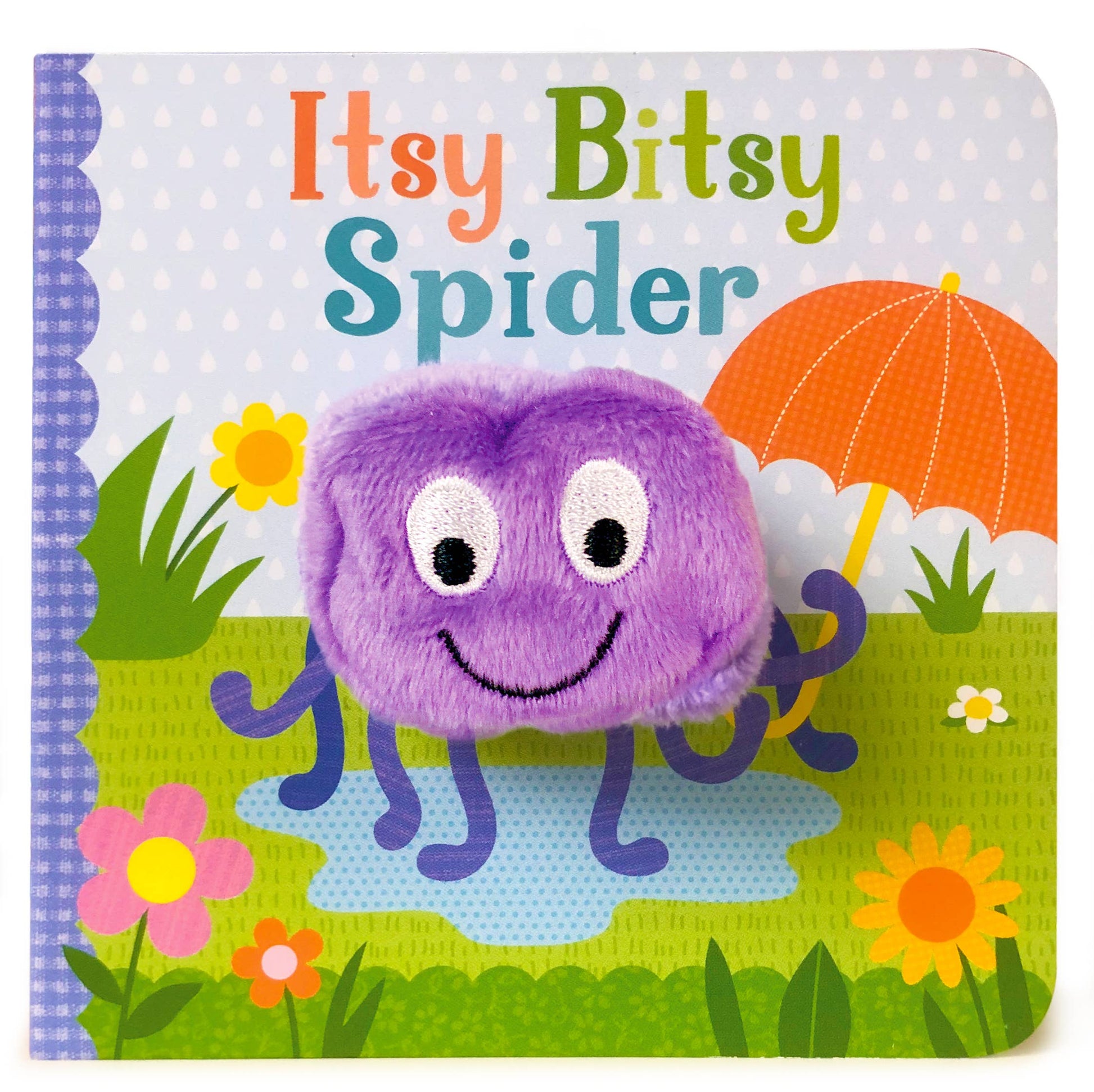 Children's book titled 'Itsy Bitsy Spider' with a purple spider plush toy on the cover.