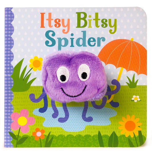 Children's book titled 'Itsy Bitsy Spider' with a purple spider plush toy on the cover.