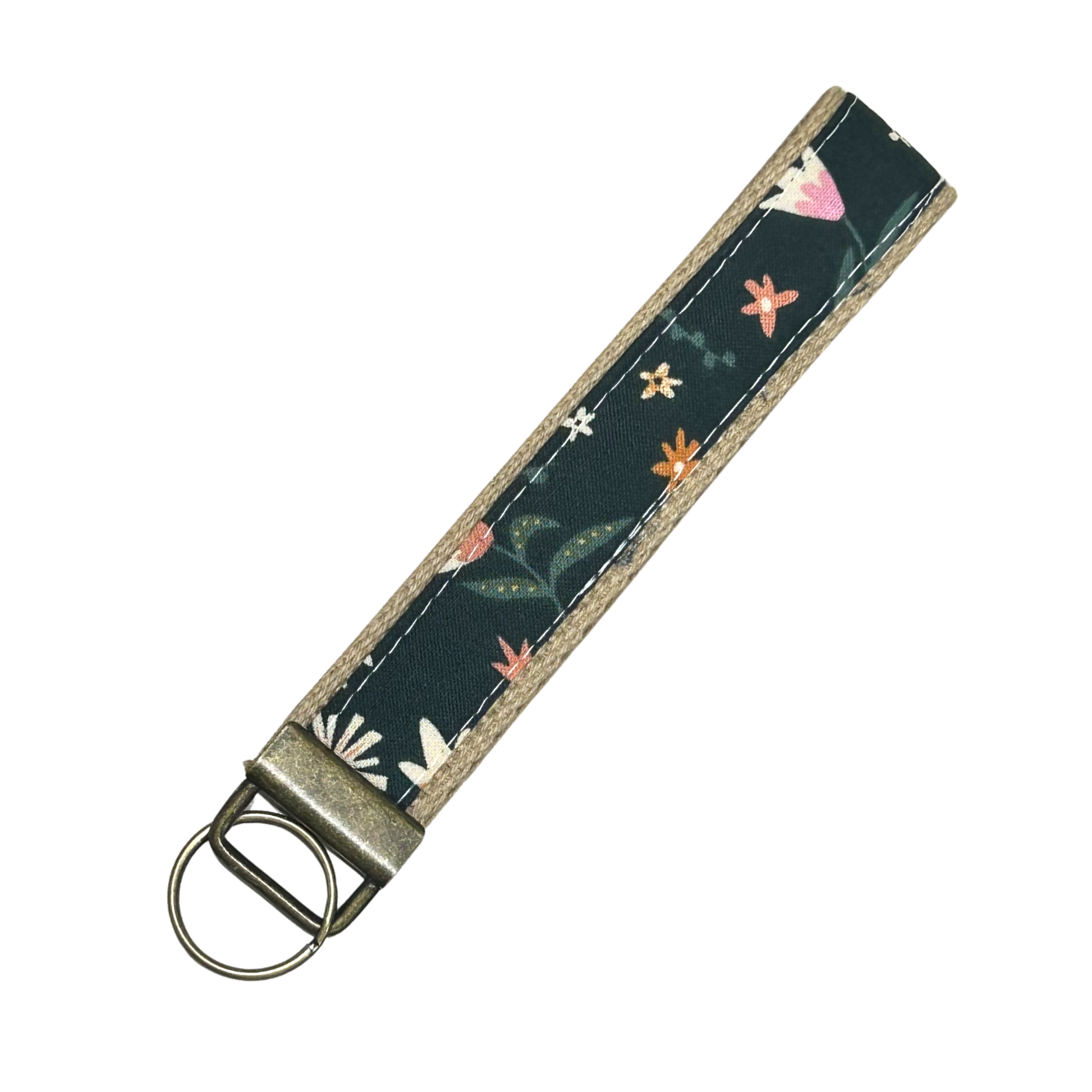 Floral patterned keychain with a metal ring on a white background