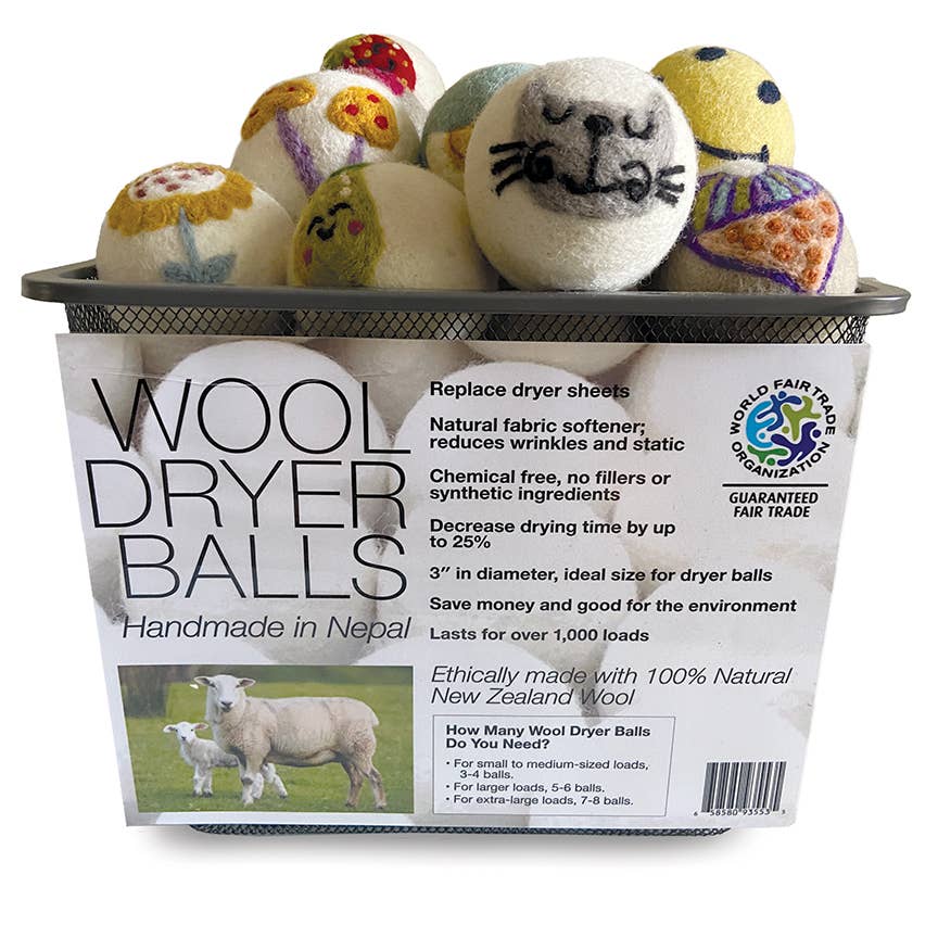Wool dryer balls in a packaging box with text and images of a sheep and dryer balls.