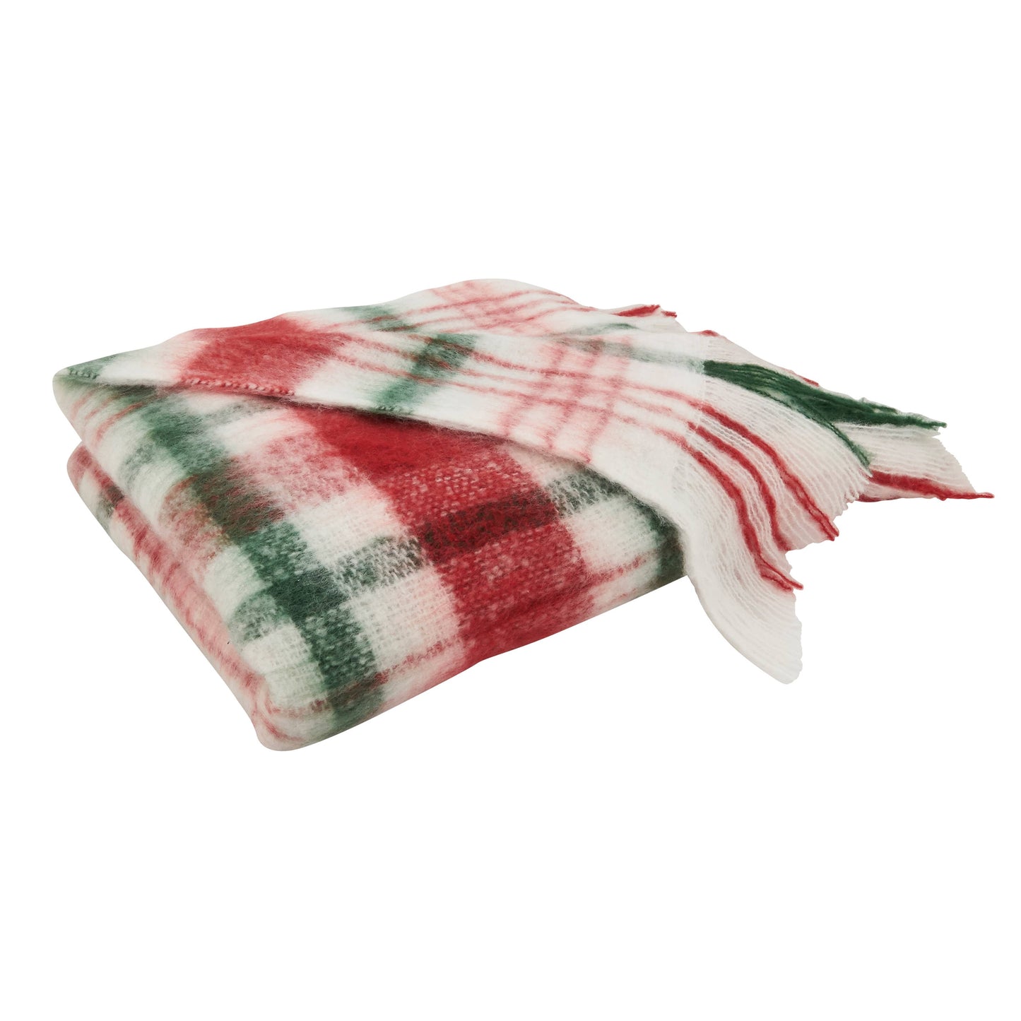 Folded faux mohair plaid blanket with red, green, and white pattern on a white background