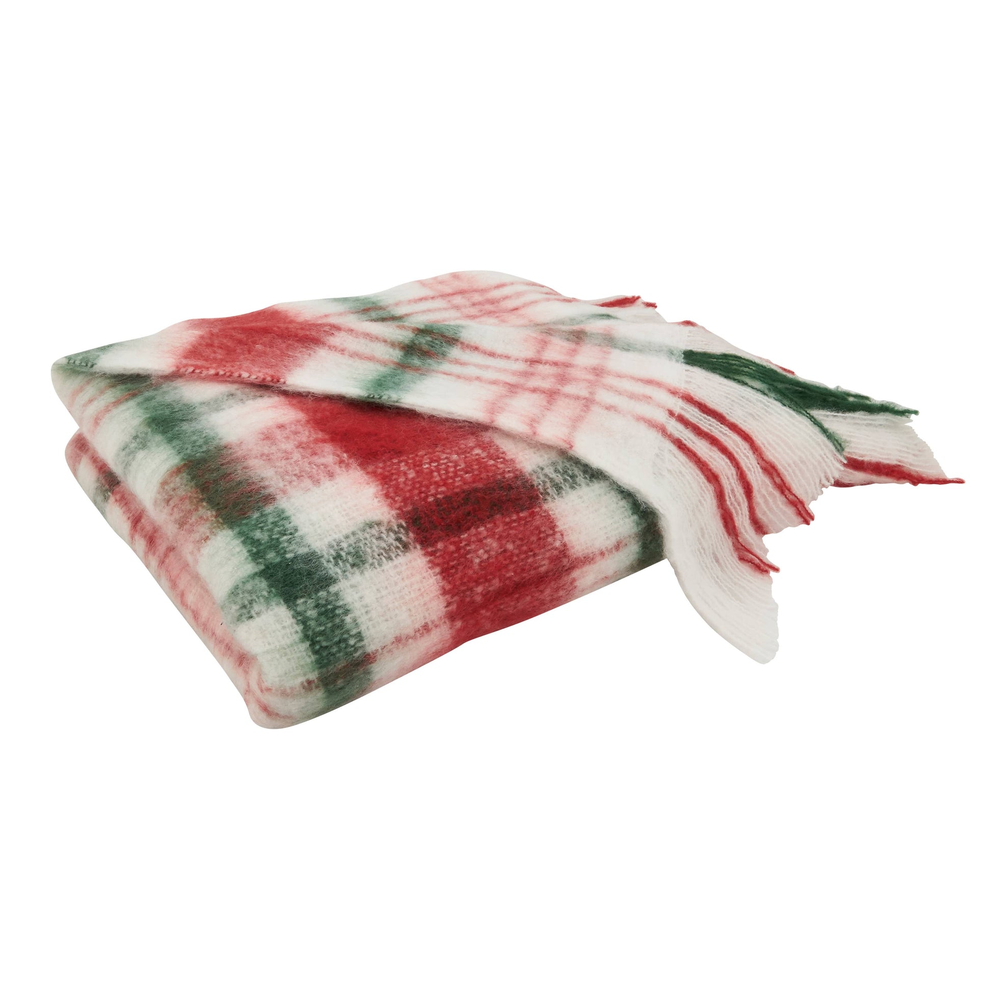 Folded faux mohair plaid blanket with red, green, and white pattern on a white background