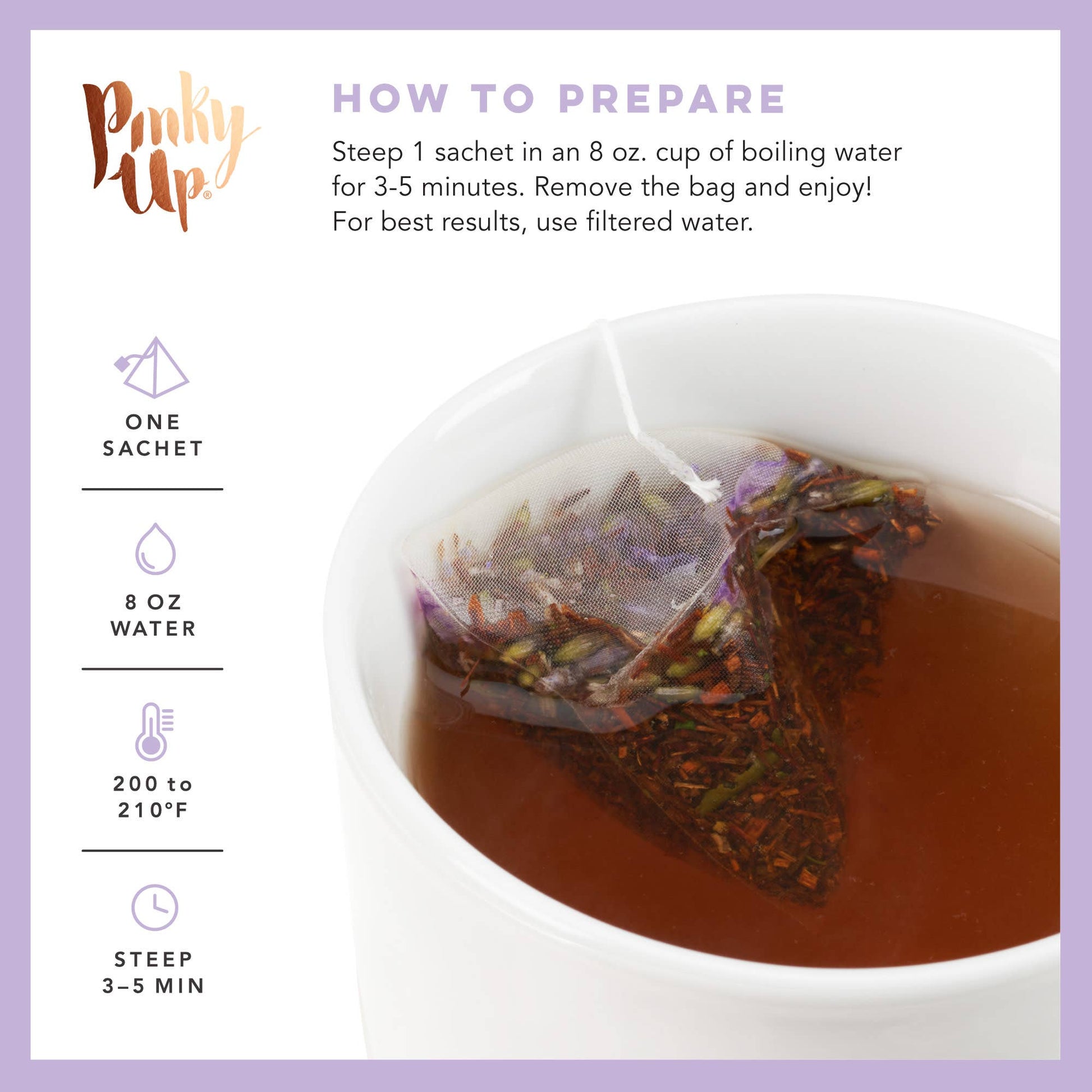 Tea bag steeping in a cup with preparation instructions on a purple background