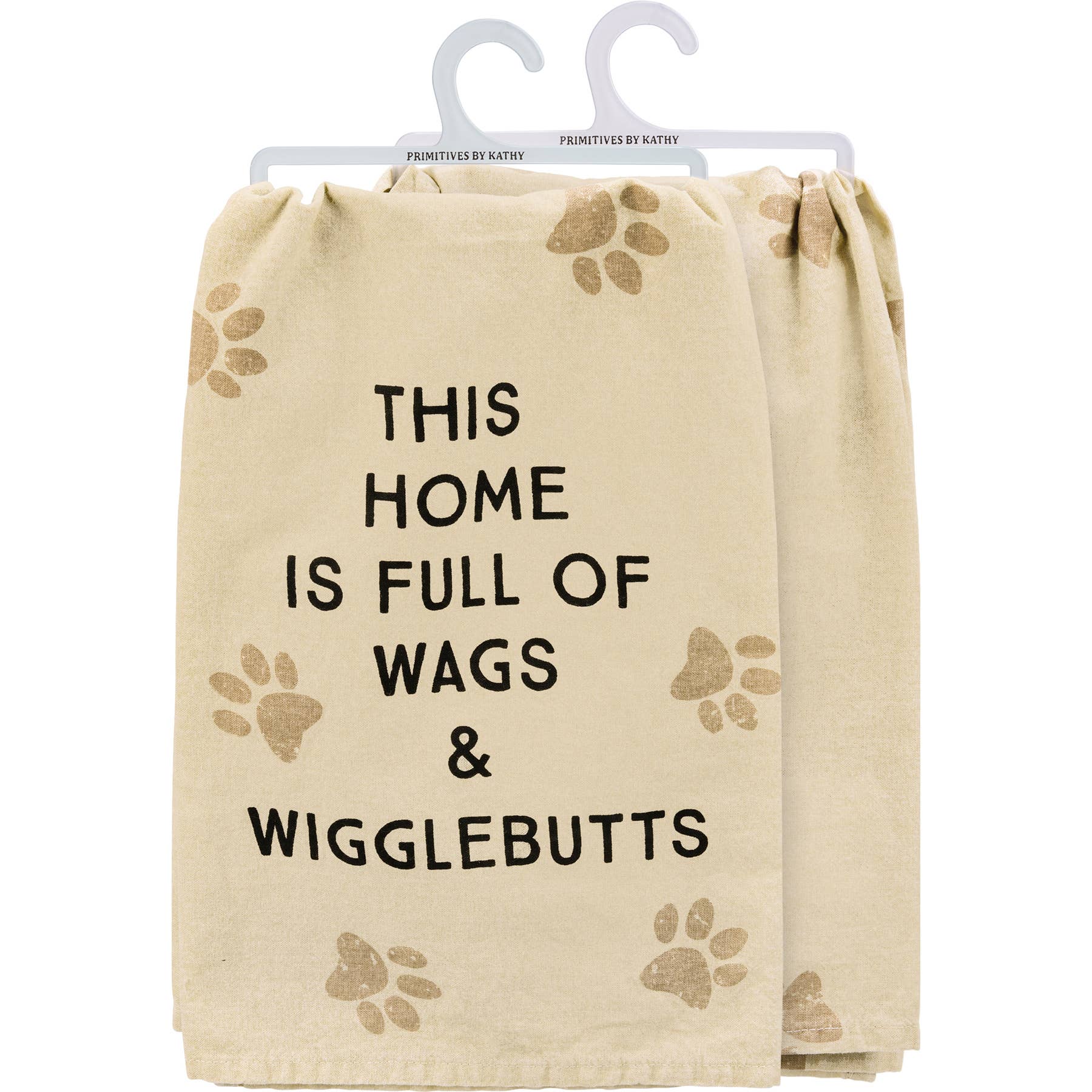 Beige towel with paw prints and text 'This home is full of wags & wigglebutts' on a white background