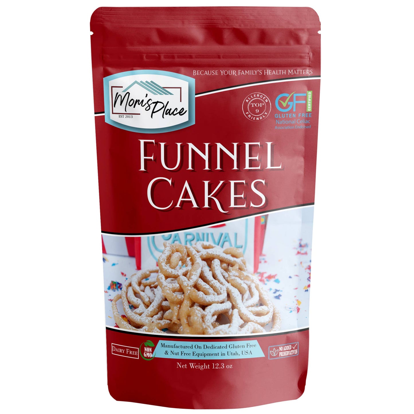Bag of Mon's Place Funnel Cakes on a white background