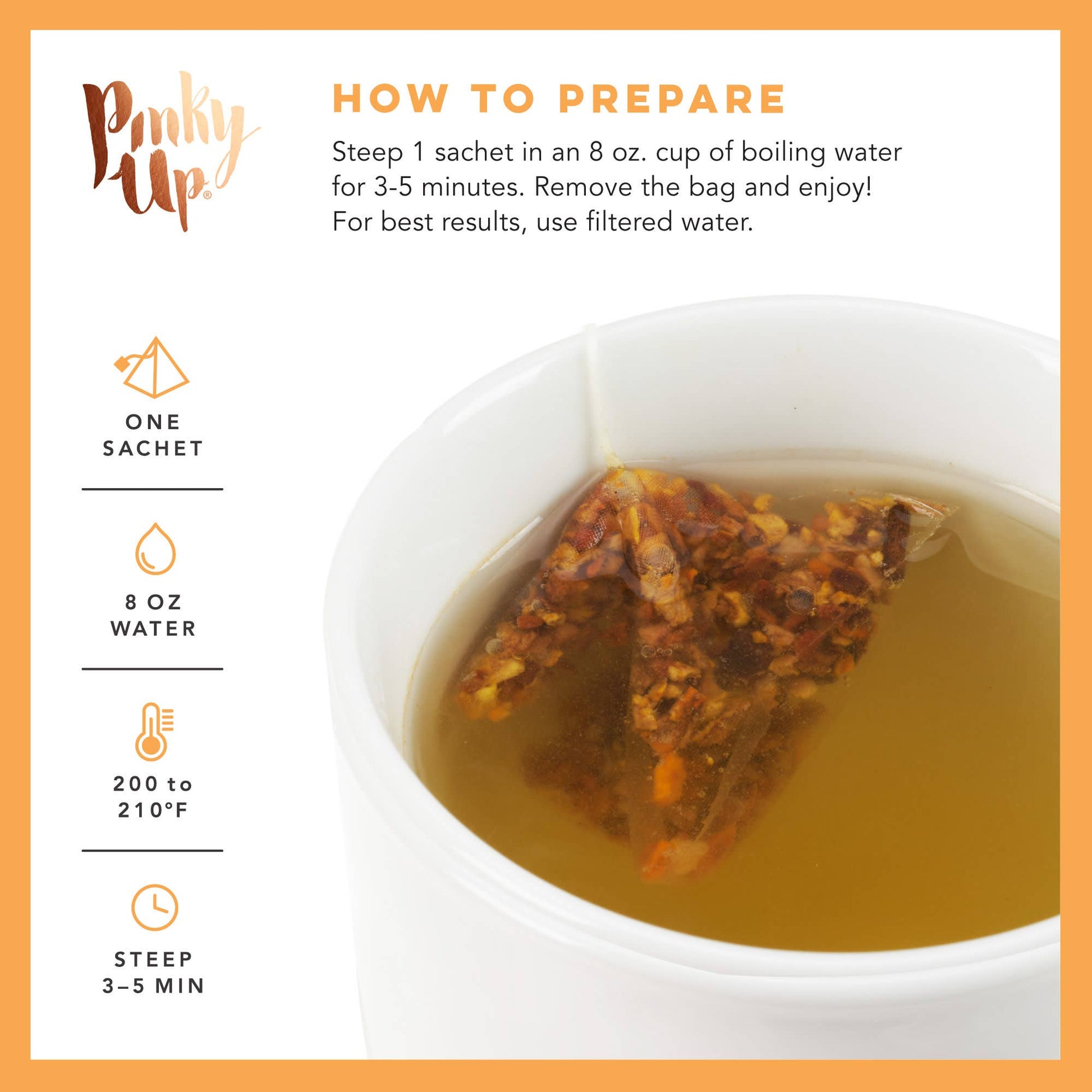 Tea bag steeping in a cup of water with preparation instructions on an orange border.