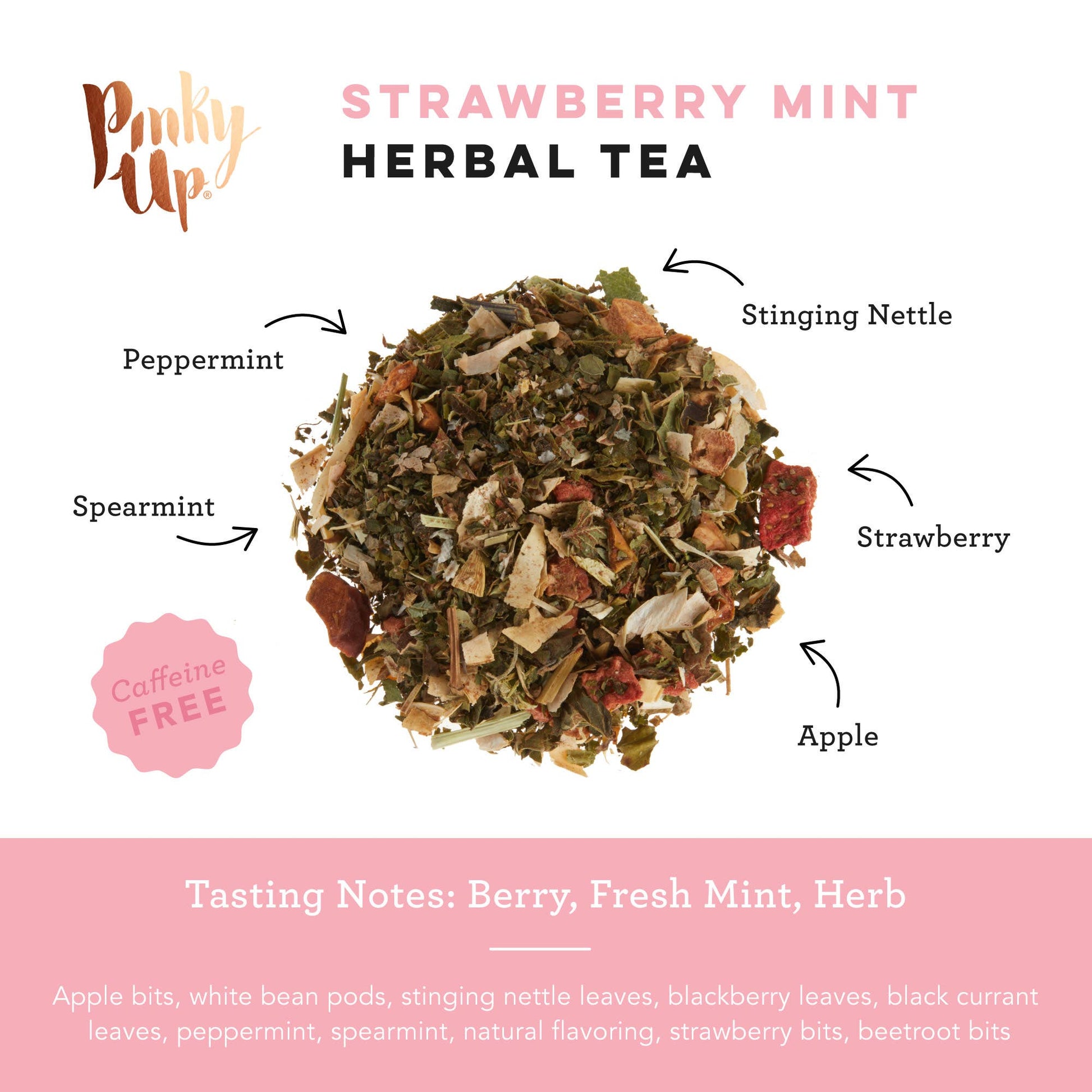 Strawberry mint herbal tea with labeled ingredients on a white background