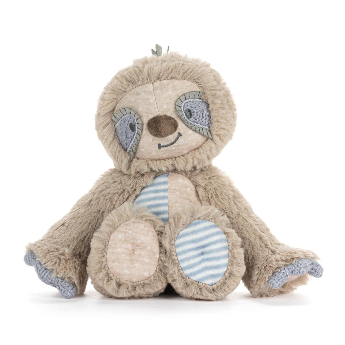 Plush toy sloth with striped accents on a white background