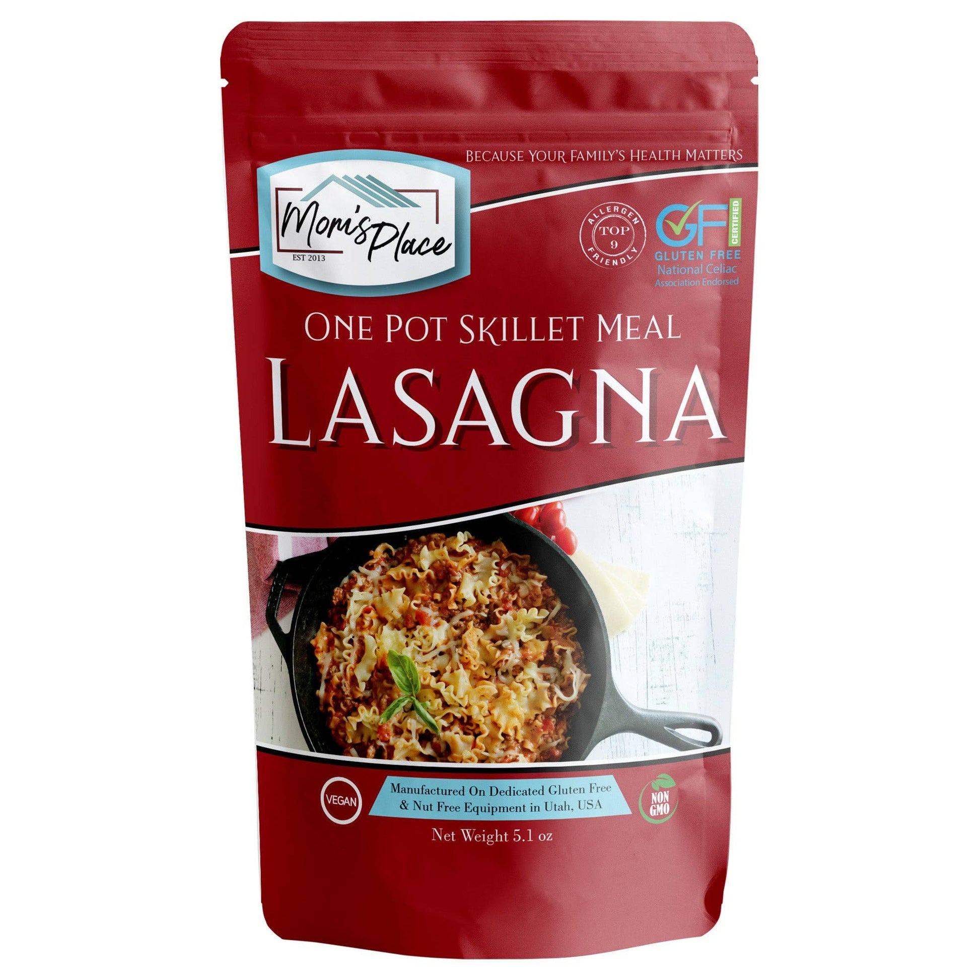 Mom's Place gluten-free lasagna package on a white background
