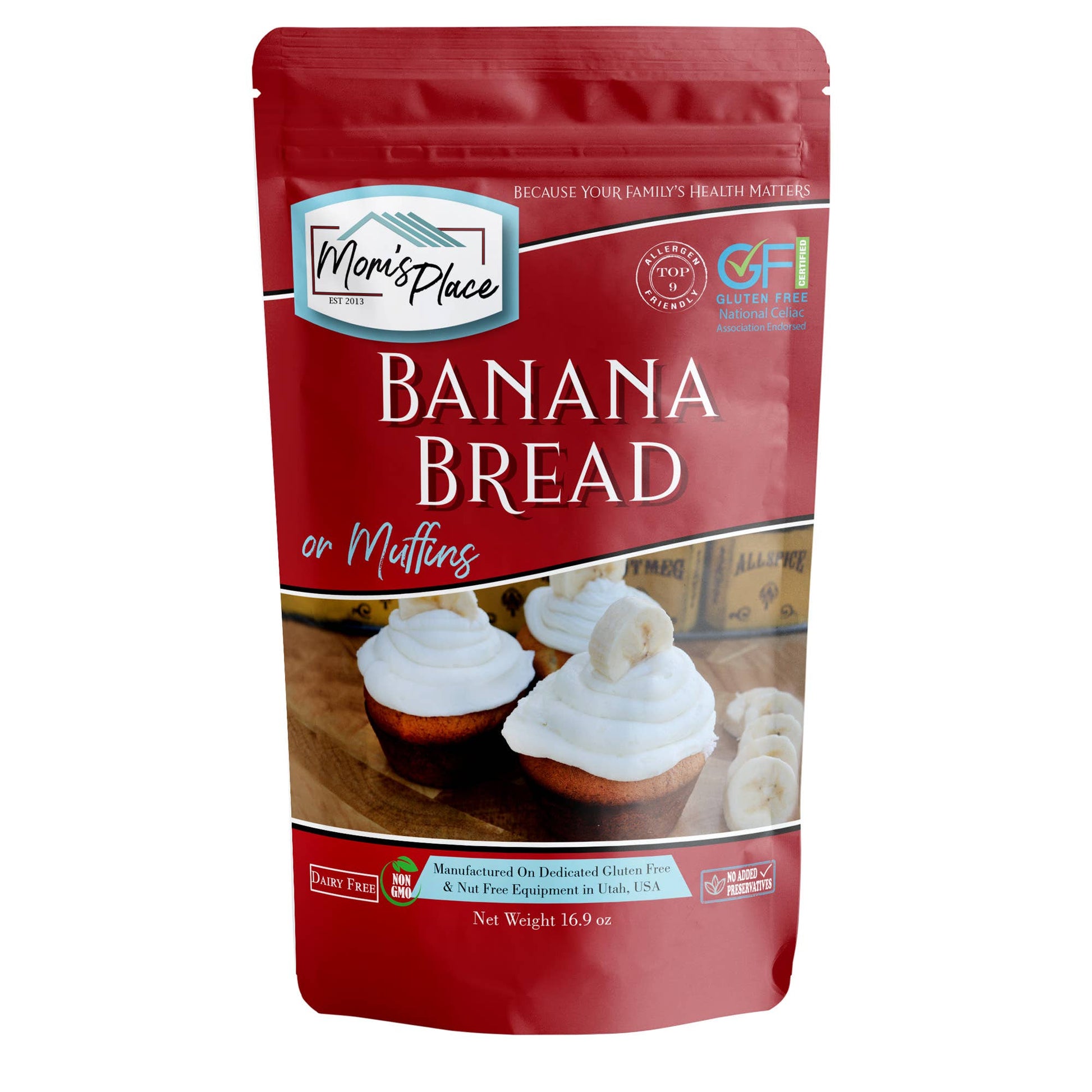 Red package of Mom's Place Banana Bread or Muffins mix on a white background