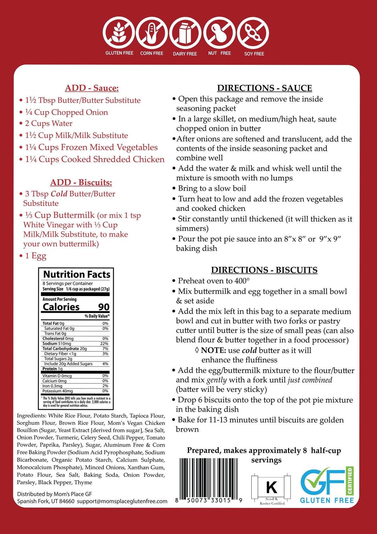 Back of a food package with nutritional information, ingredients, and preparation directions.