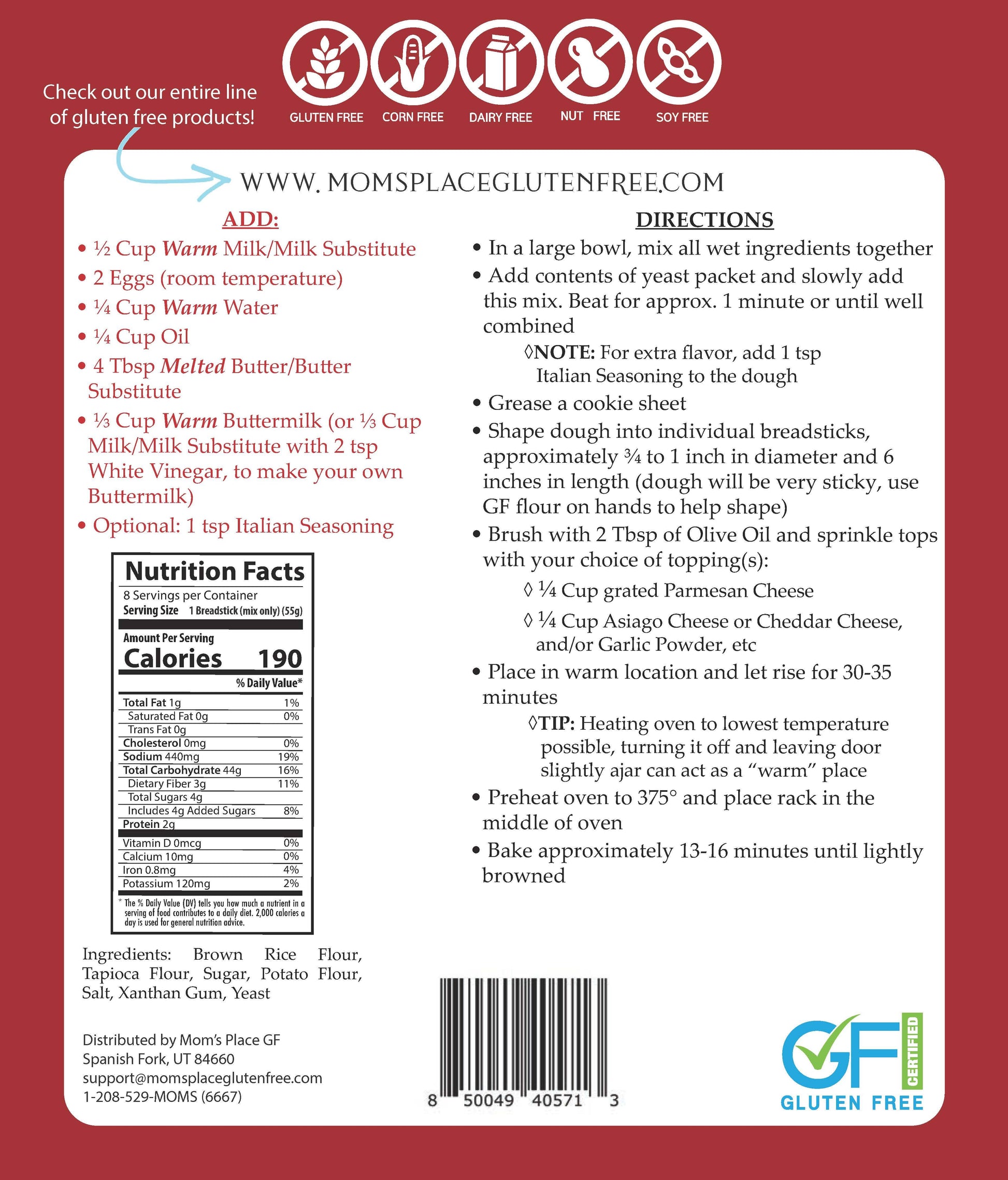 Back of a gluten-free product packaging with nutritional information, ingredients, and preparation directions.