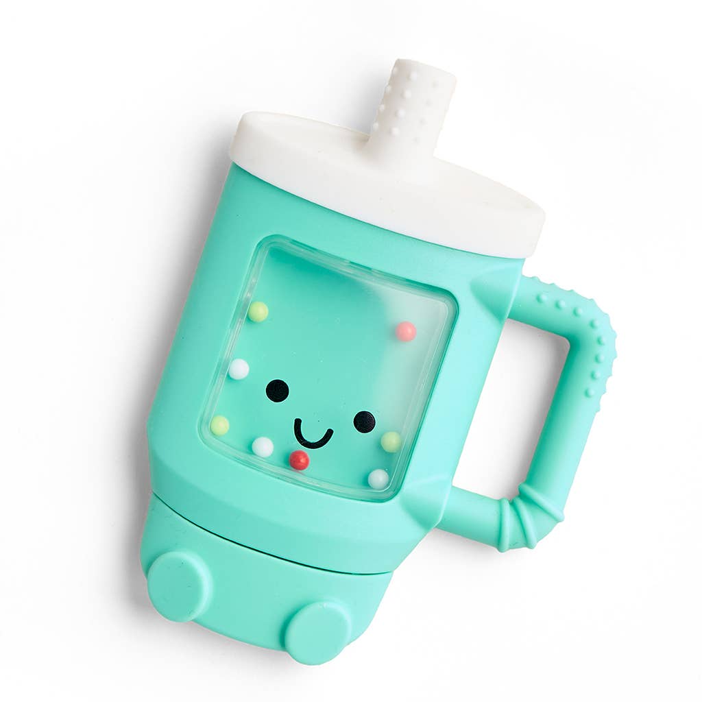 Teal children's cup teether with a smiley face design on a white background