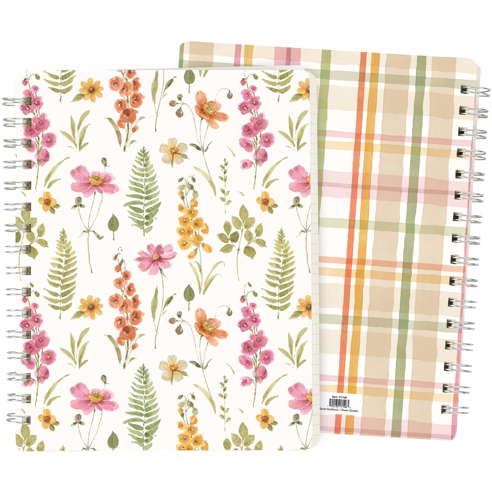 Two spiral-bound notebooks with floral and plaid designs on a white background