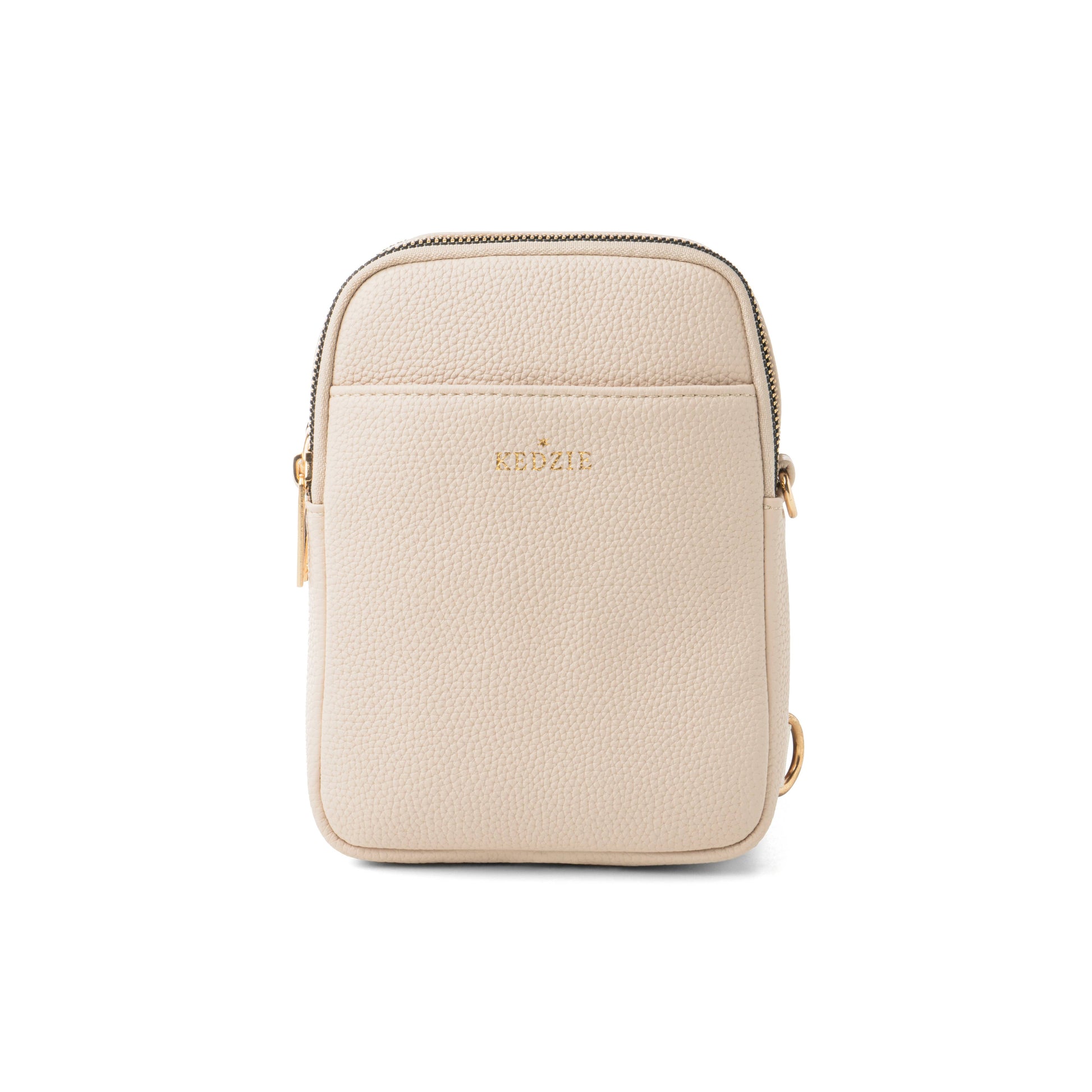 Beige leather crossbody bag on a white background
