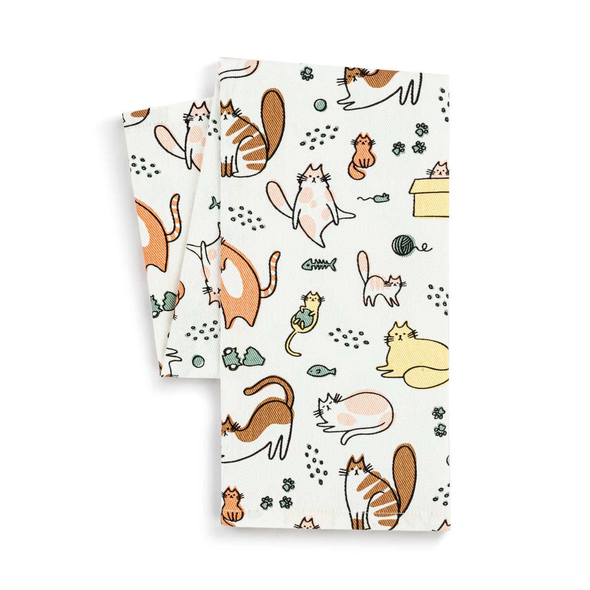 A folded towel with cat pattern on a white background