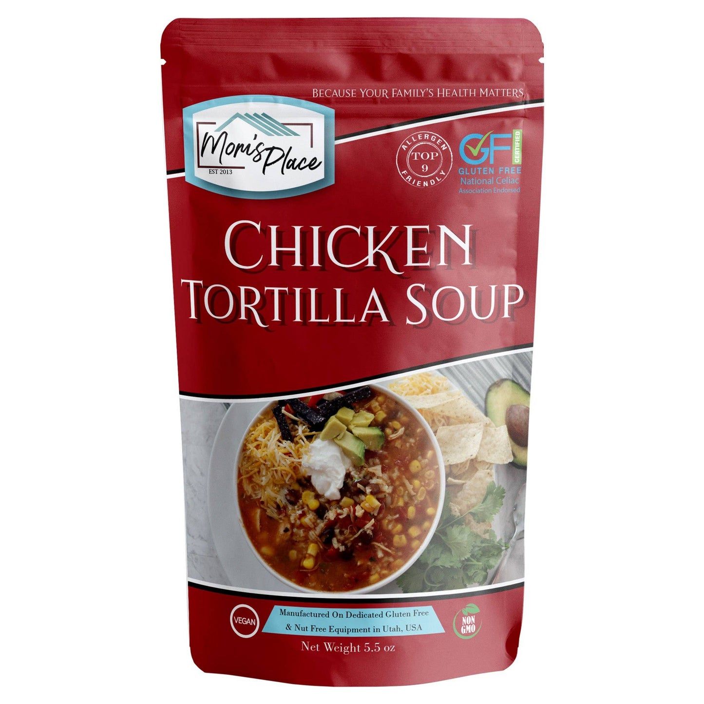 Packaged chicken tortilla soup with 'Mom's Place' branding on a white background