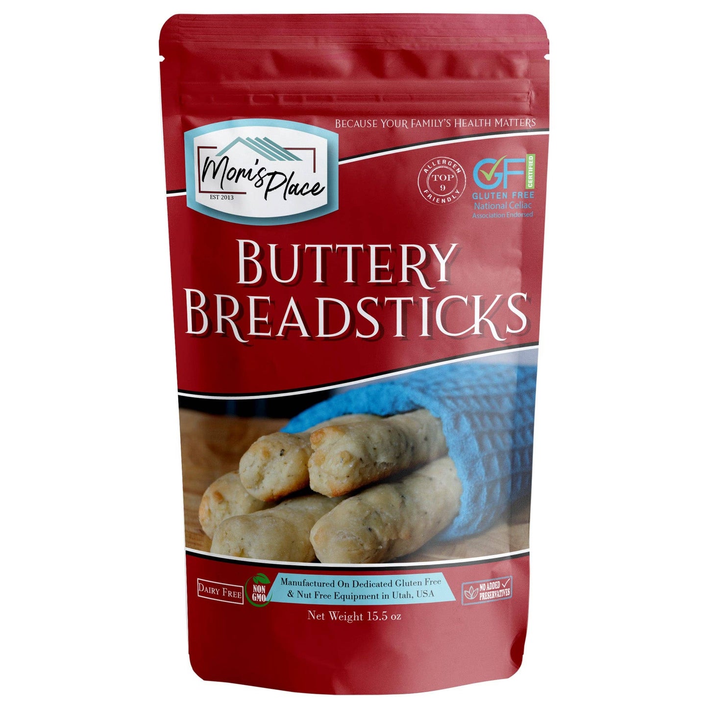 Packaged buttery breadsticks with a red label on a white background