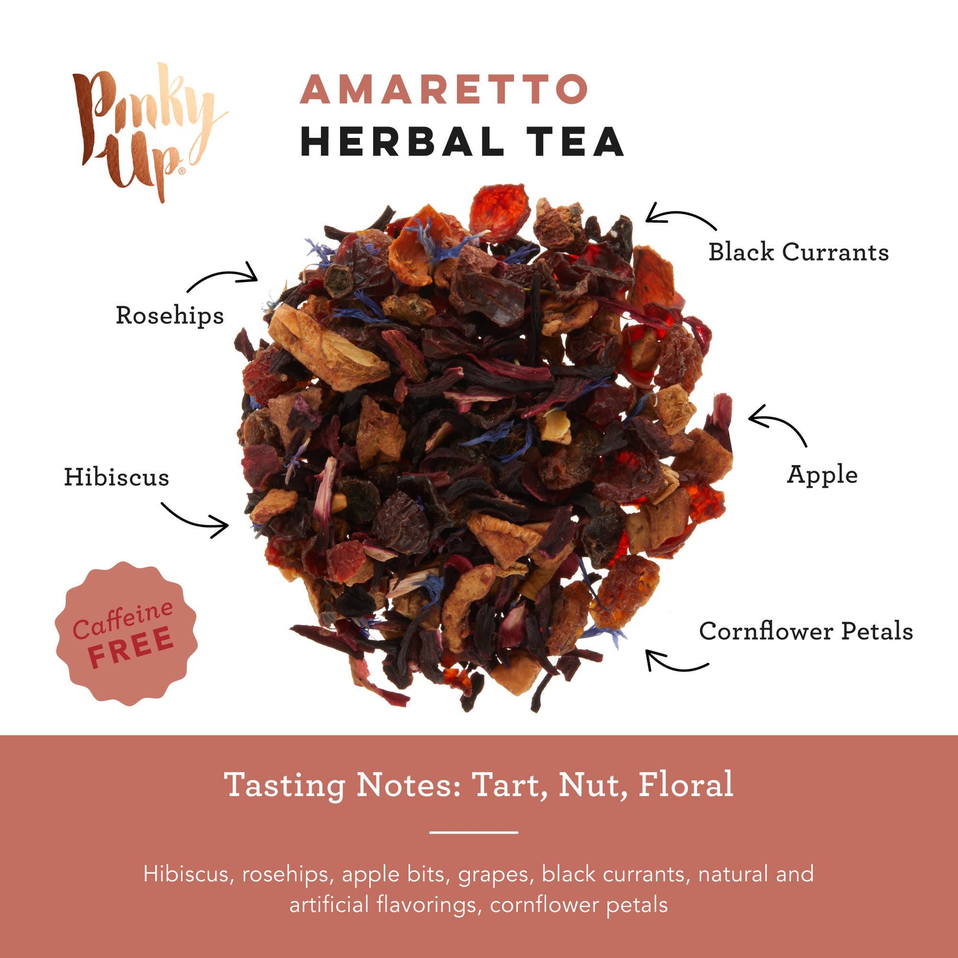 Amaretto herbal tea with labeled ingredients and Pinky Up branding on a white background