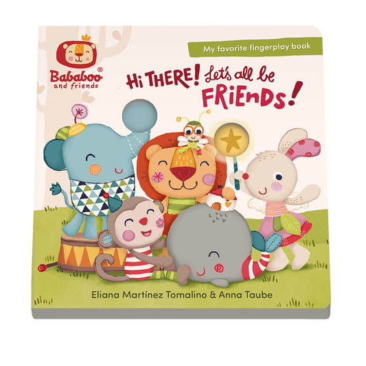 Children's book titled 'Hi THERE! Let's all be FRIENDS!' with cartoon animals on the cover.