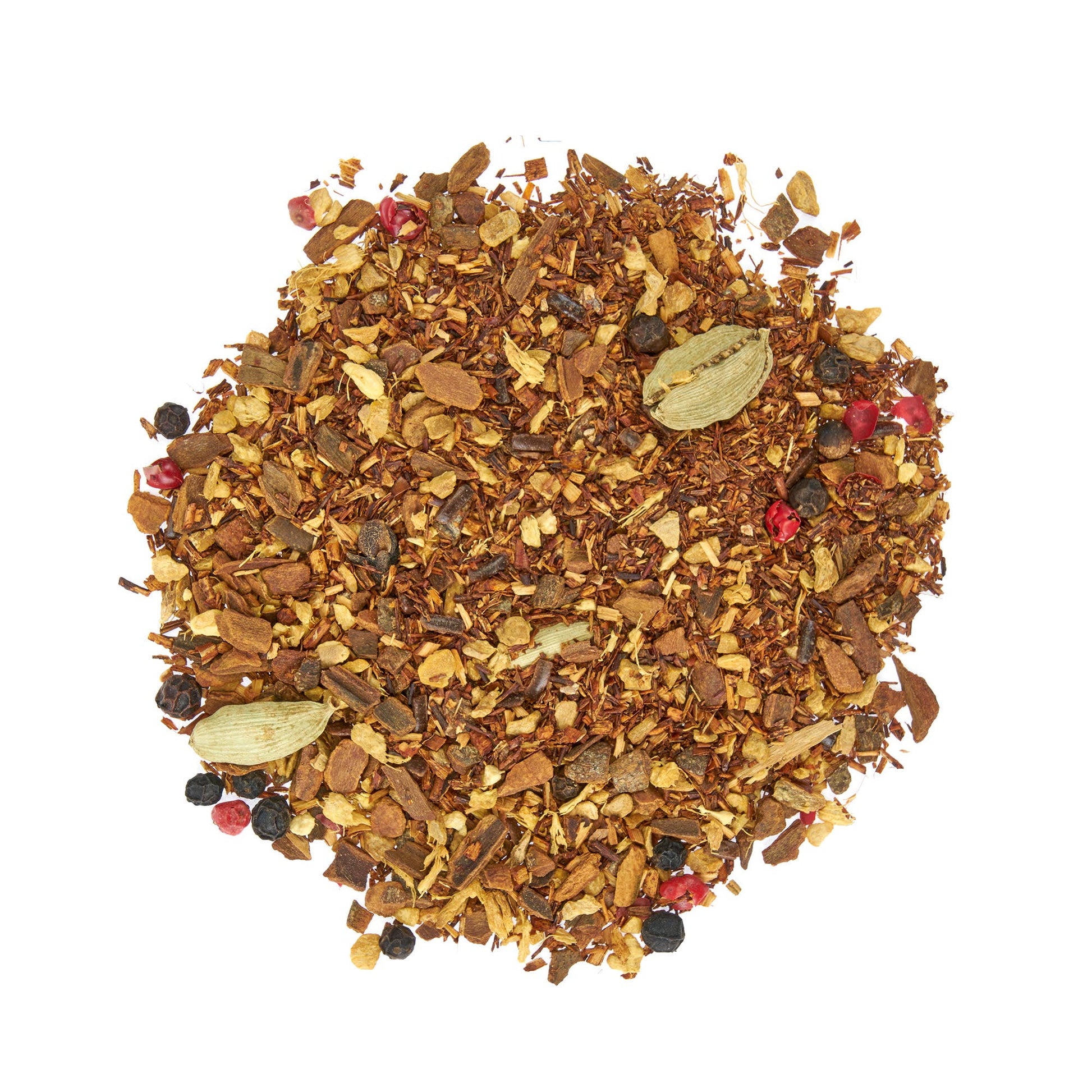 Spice mix including cardamom pods and other dried spices on a white background