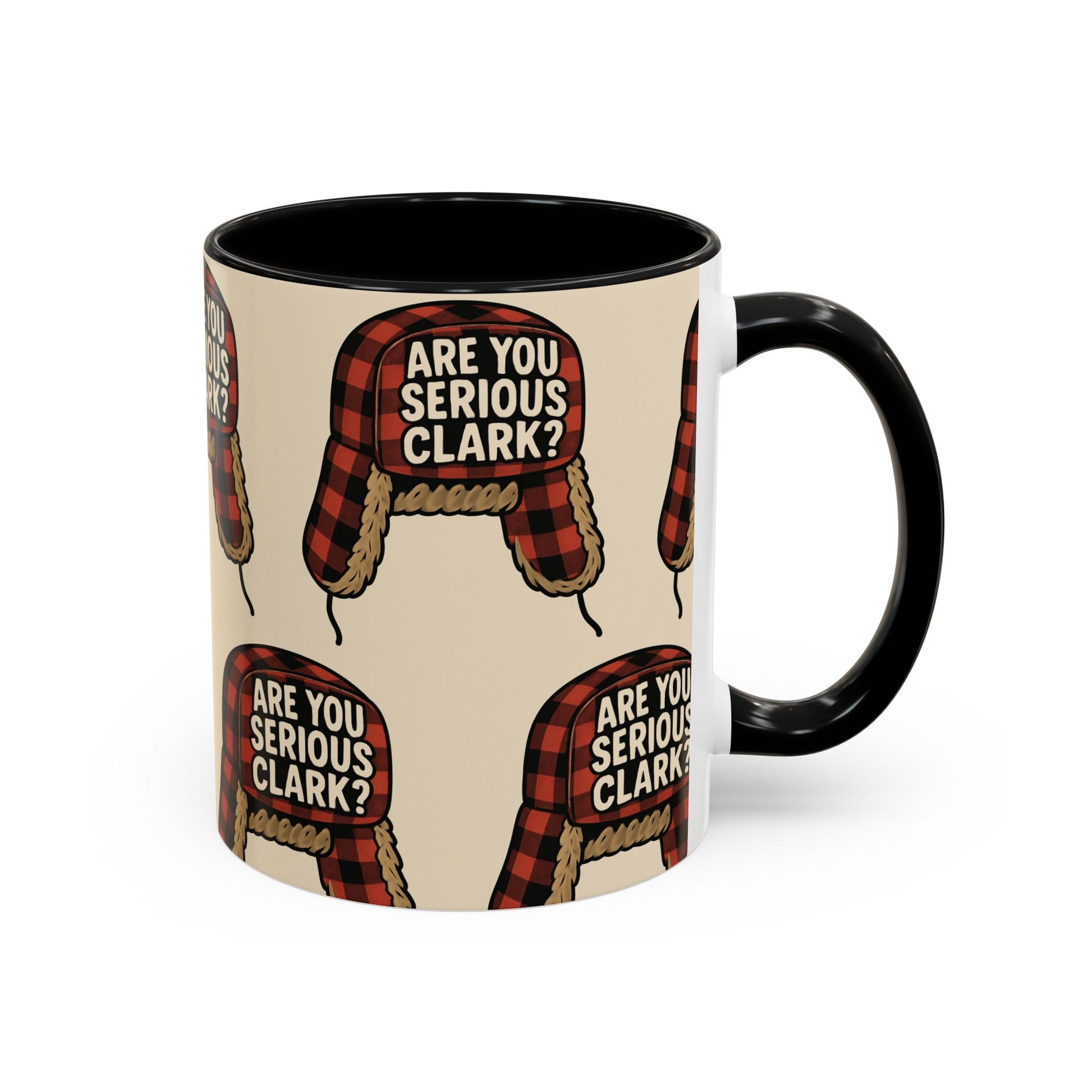 Mug with plaid hats and text 'Are You Serious Clark?' on a beige background